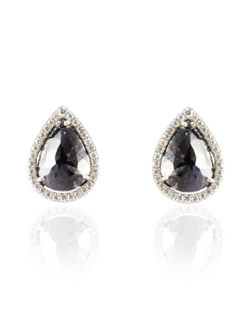 Contemporary 7.21 Carat Total Pear Shape Black Diamond Fancy Stud Earrings in 14 Karat Gold