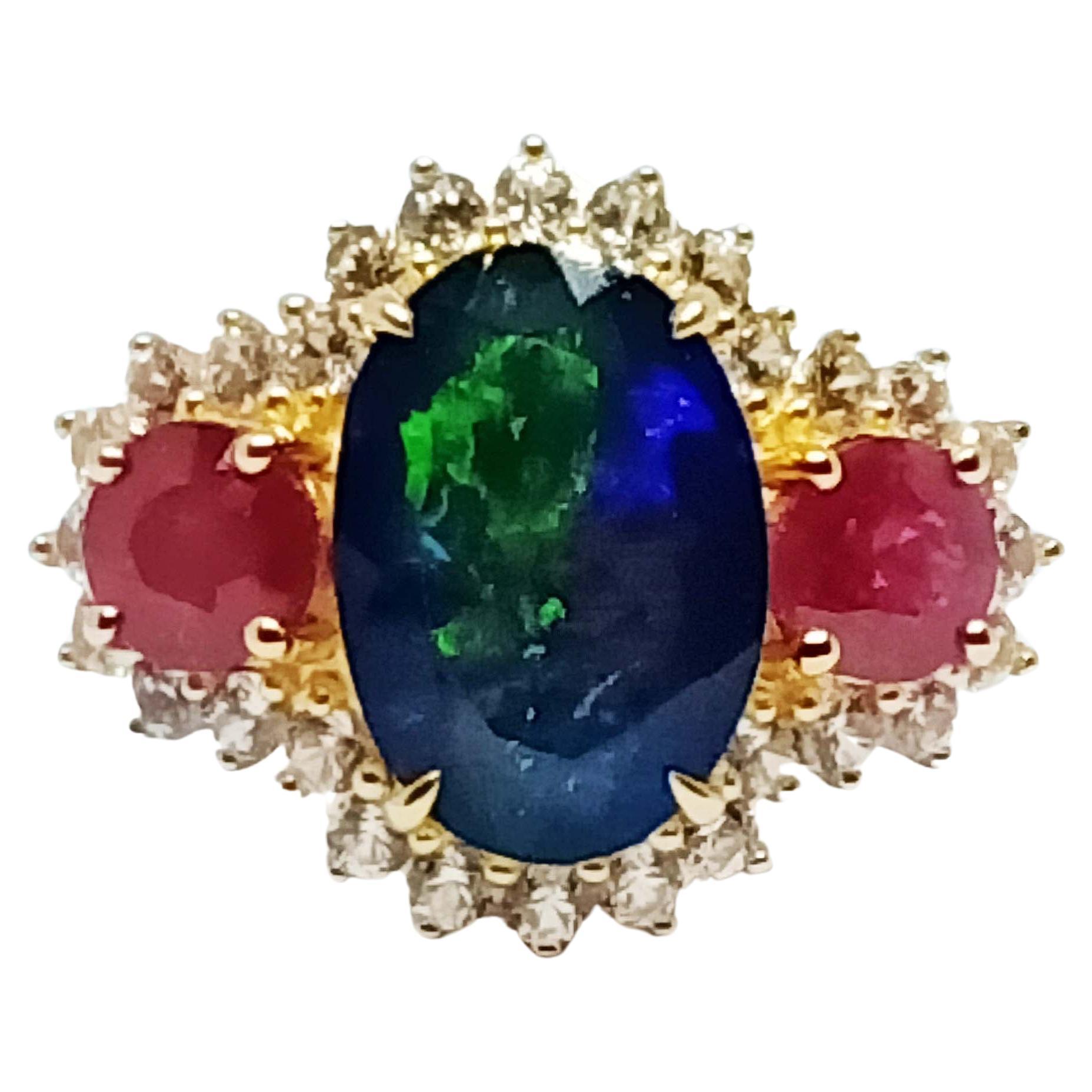 7.09 cts. Black Opal Ring. Sterling silver on 18K Gold Plated For Sale