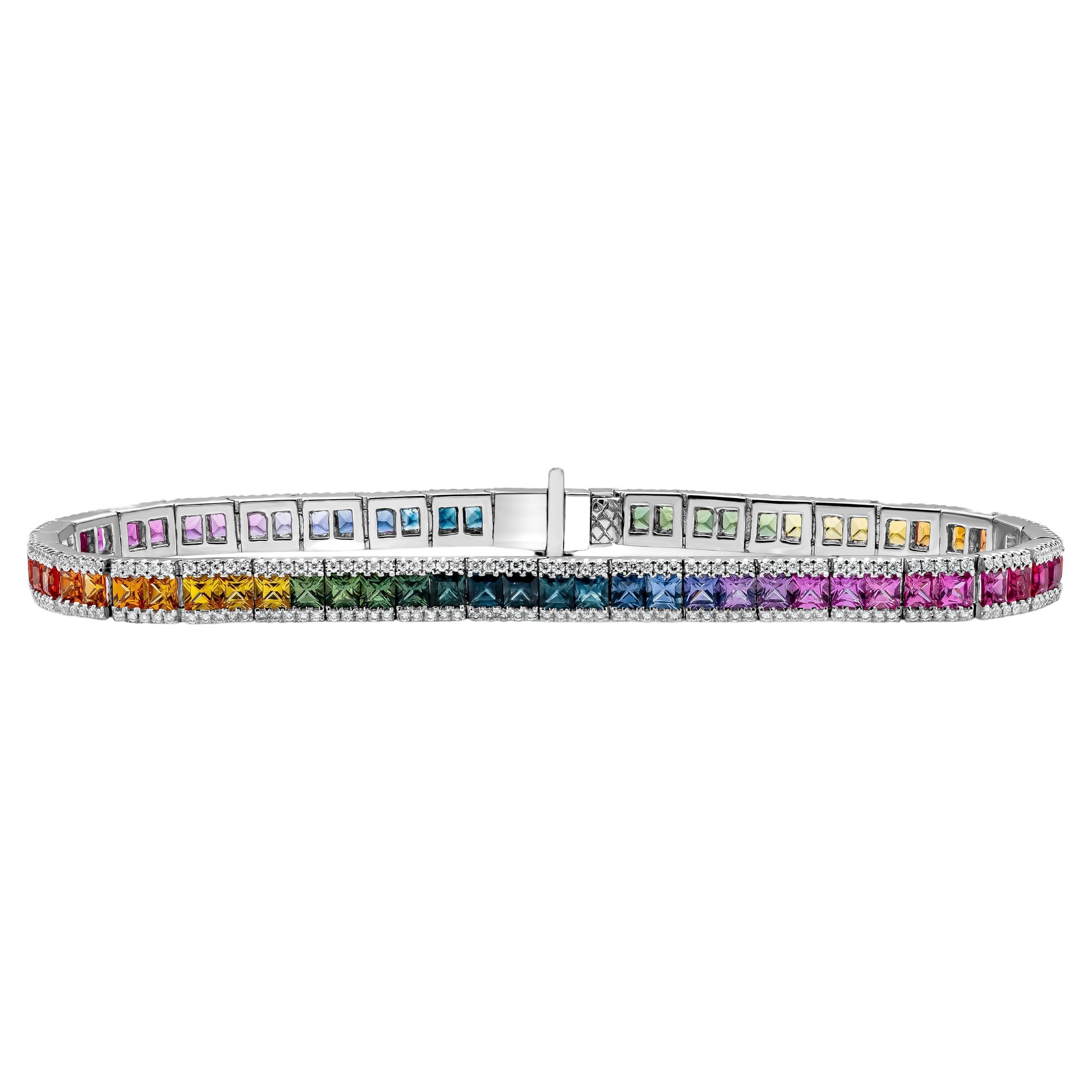 7.21 Total Carat Multi Color Princess Cut Sapphire with Diamond Tennis Bracelet For Sale