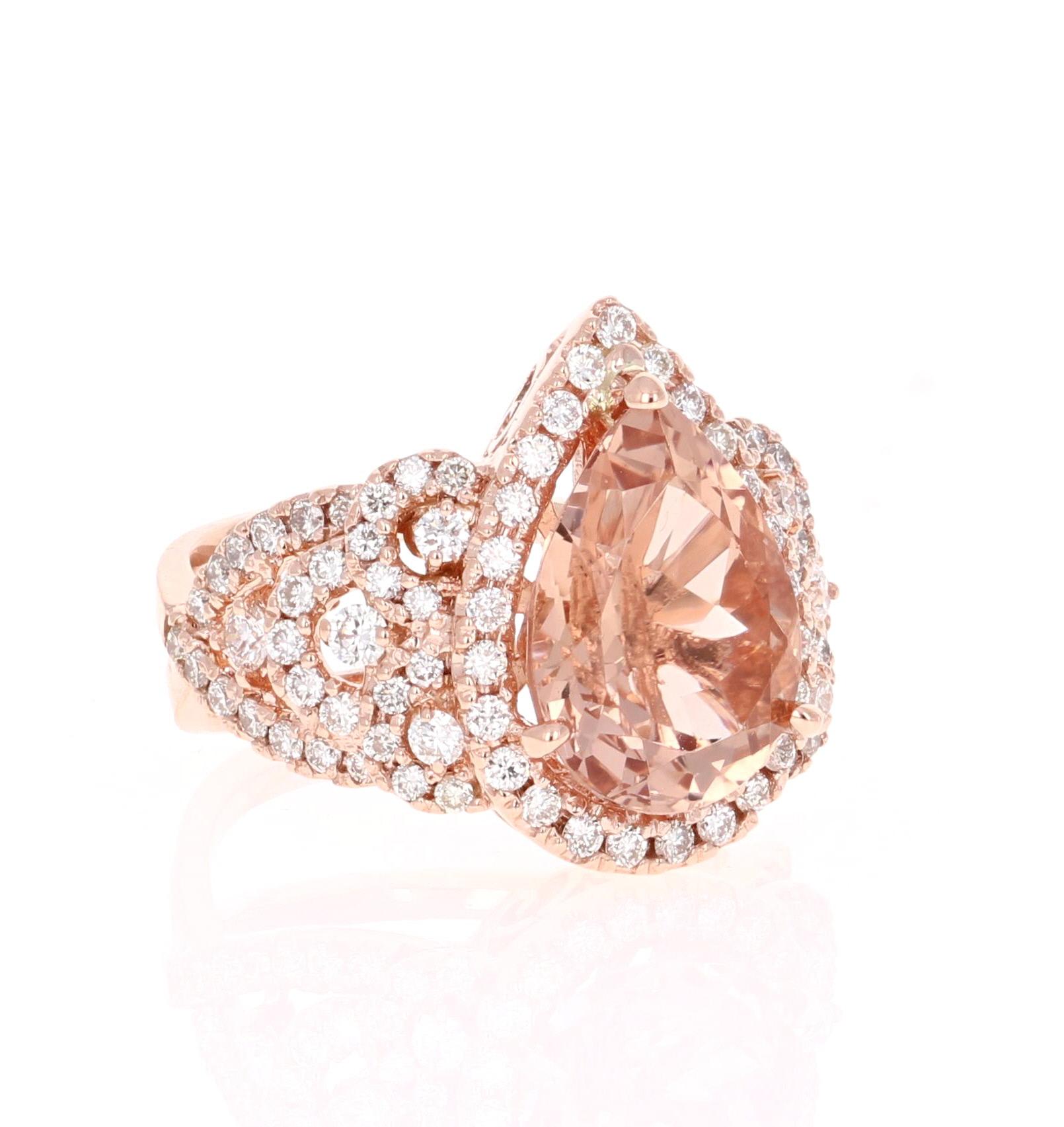 7.22 Carat Pear Cut Morganite Diamond Rose Gold Engagement Ring at 1stDibs