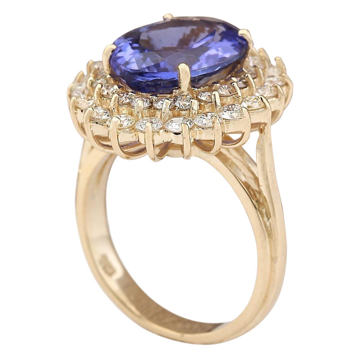 Modern Natural Tanzanite Diamond Ring In 14 Karat Yellow Gold  For Sale
