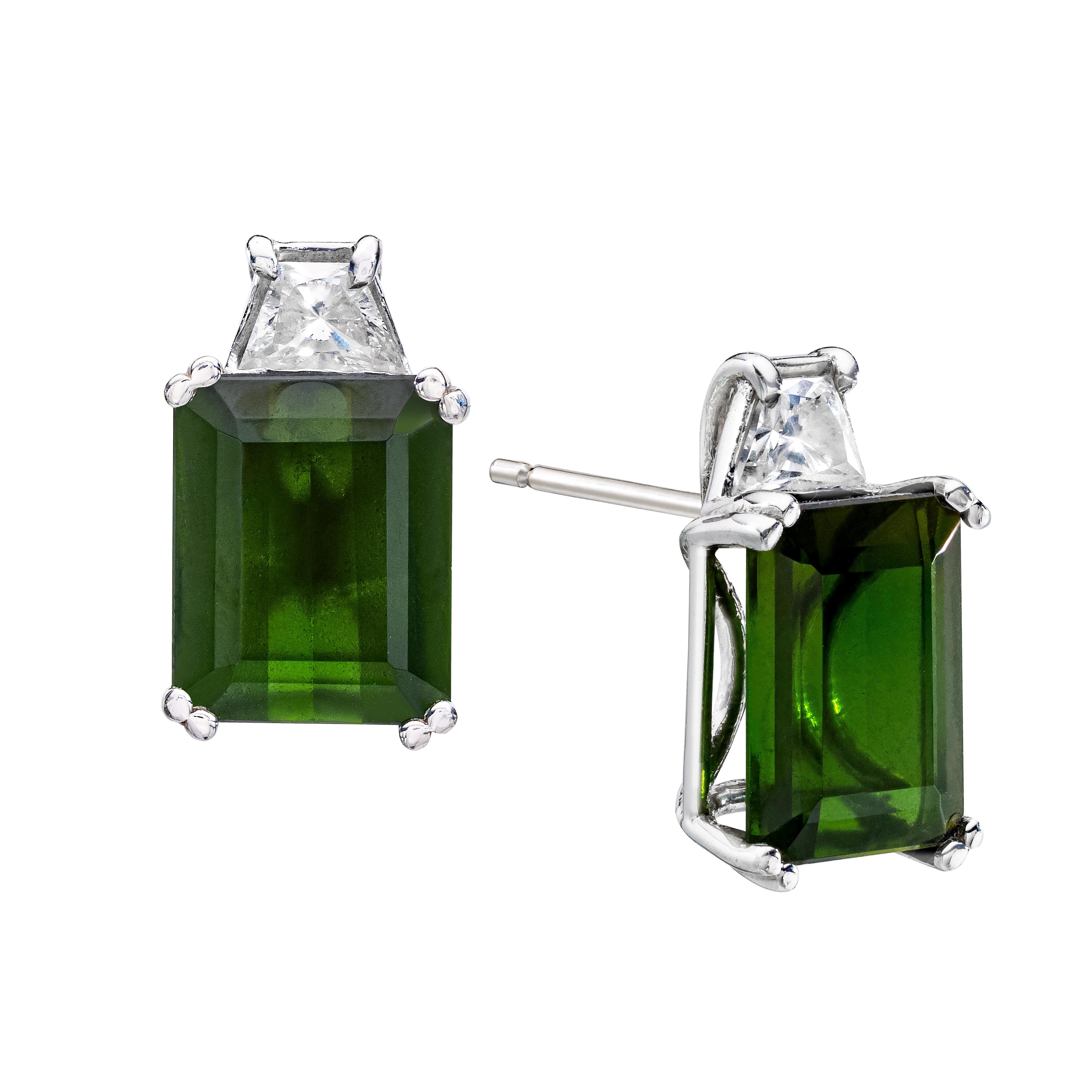 Stunning day to night earrings.  Designed and created alongside a matching necklace and ring found in separate listings.

Earring Details:

(2) Emerald Cut Chrome Tourmaline (10 x 8 mm) weighing 6.60 Carats Total
     Very slightly bluish Green