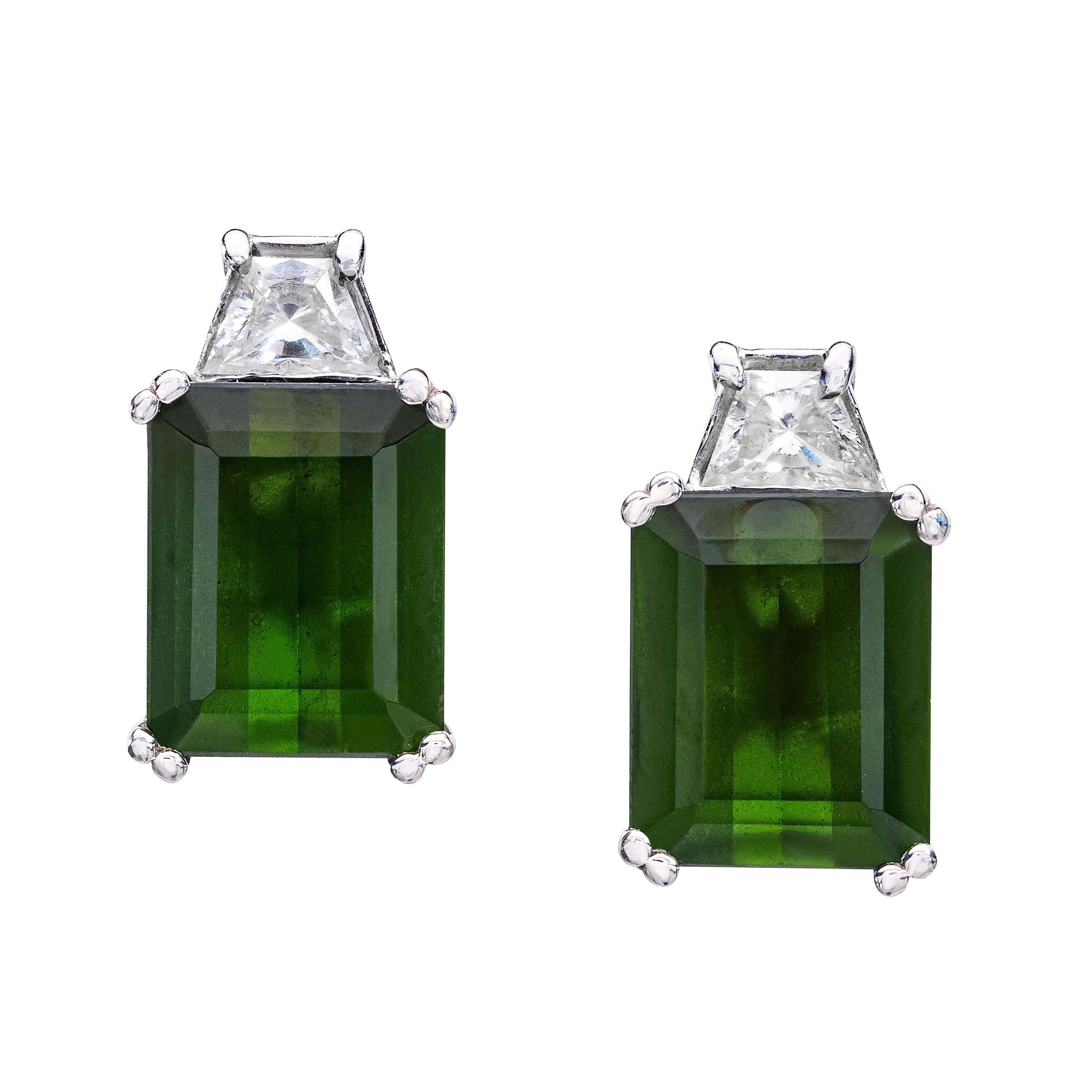 7.22 Carats Emerald Cut Chrome Tourmaline and Trapezoid Diamond Earrings For Sale
