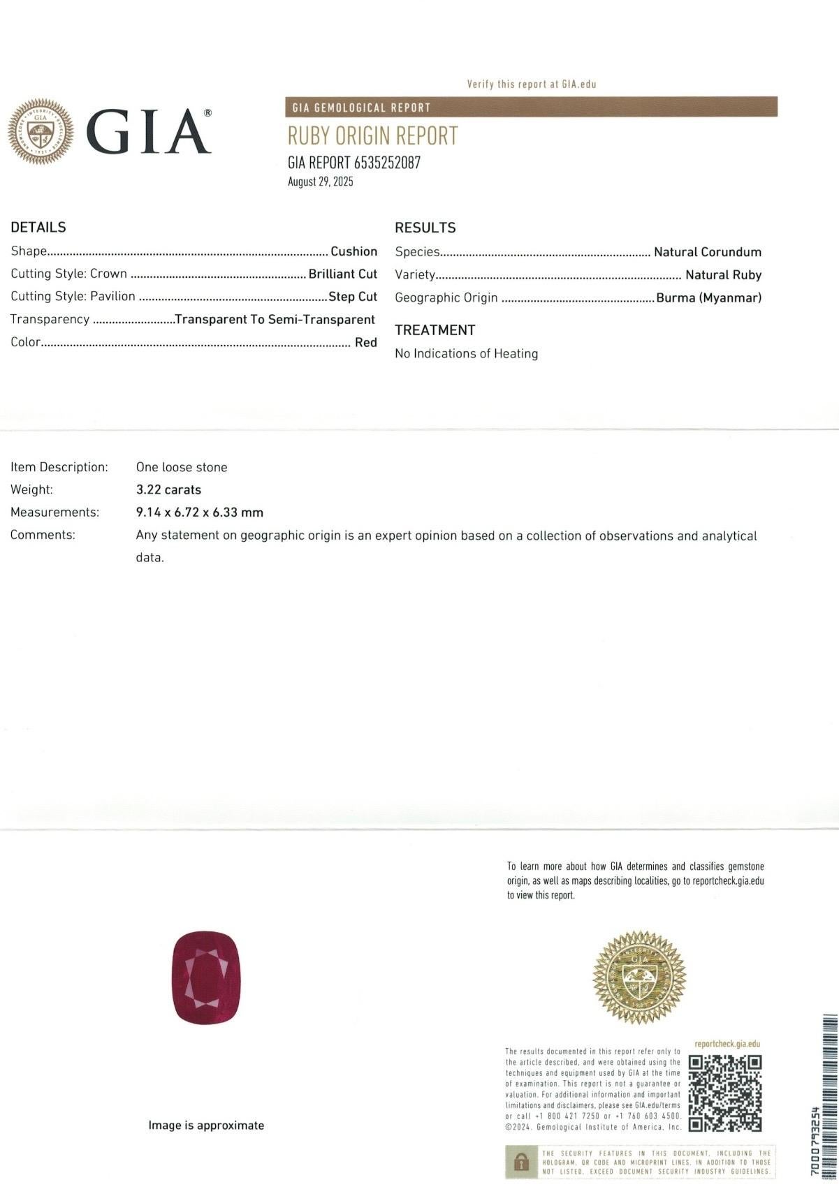 3.22 Ct GIA Certificate Unheated Ruby Burma Red Color Gemstone For Sale 7