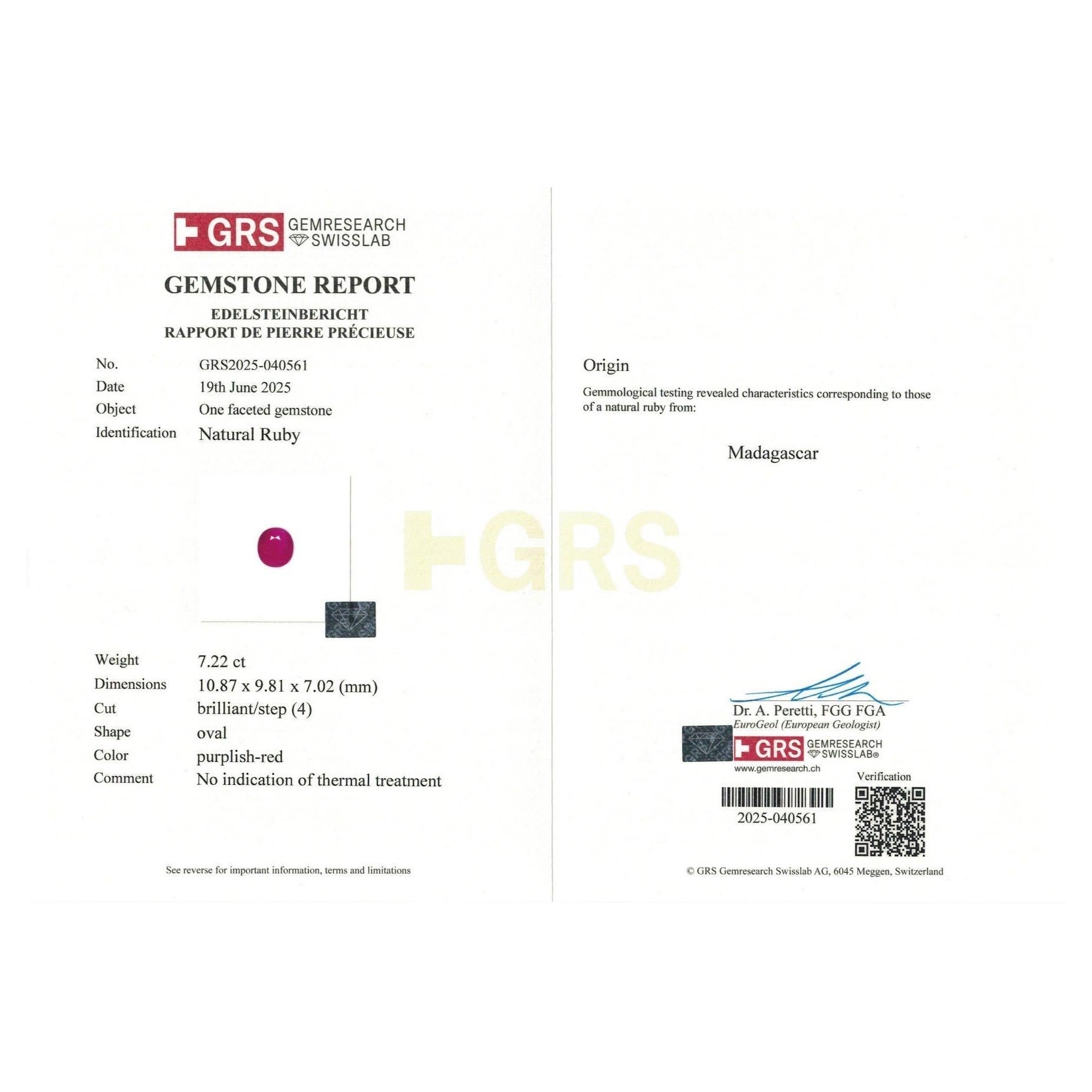 RA107~
7.22 Ct  GRS Certified Natural  Ruby Unheated Purplish Red Eye clean Color Gemstone 

GEM DESCRIPTION
Species:   Natural Corumdum
Variety:  Natural Ruby
Weight:  7.22ct
Color:  Purplish Red 
Cut:   Excellent 
Clarity: Eye clean
Origin: