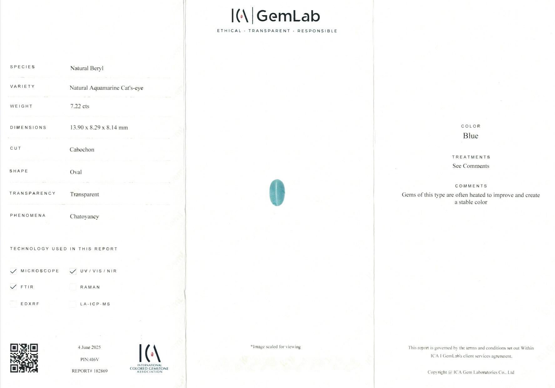 7,22 Ct certificato ICA Acquamarina naturale Occhio di gatto Qualità pulita In condizioni Nuovo in vendita a bangkok, TH