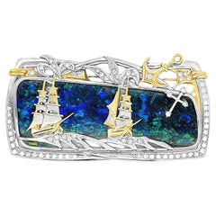 72.25 Carat Australian Boulder Opal Platinum & 18k Y Gold Ship-at-Sea Brooch