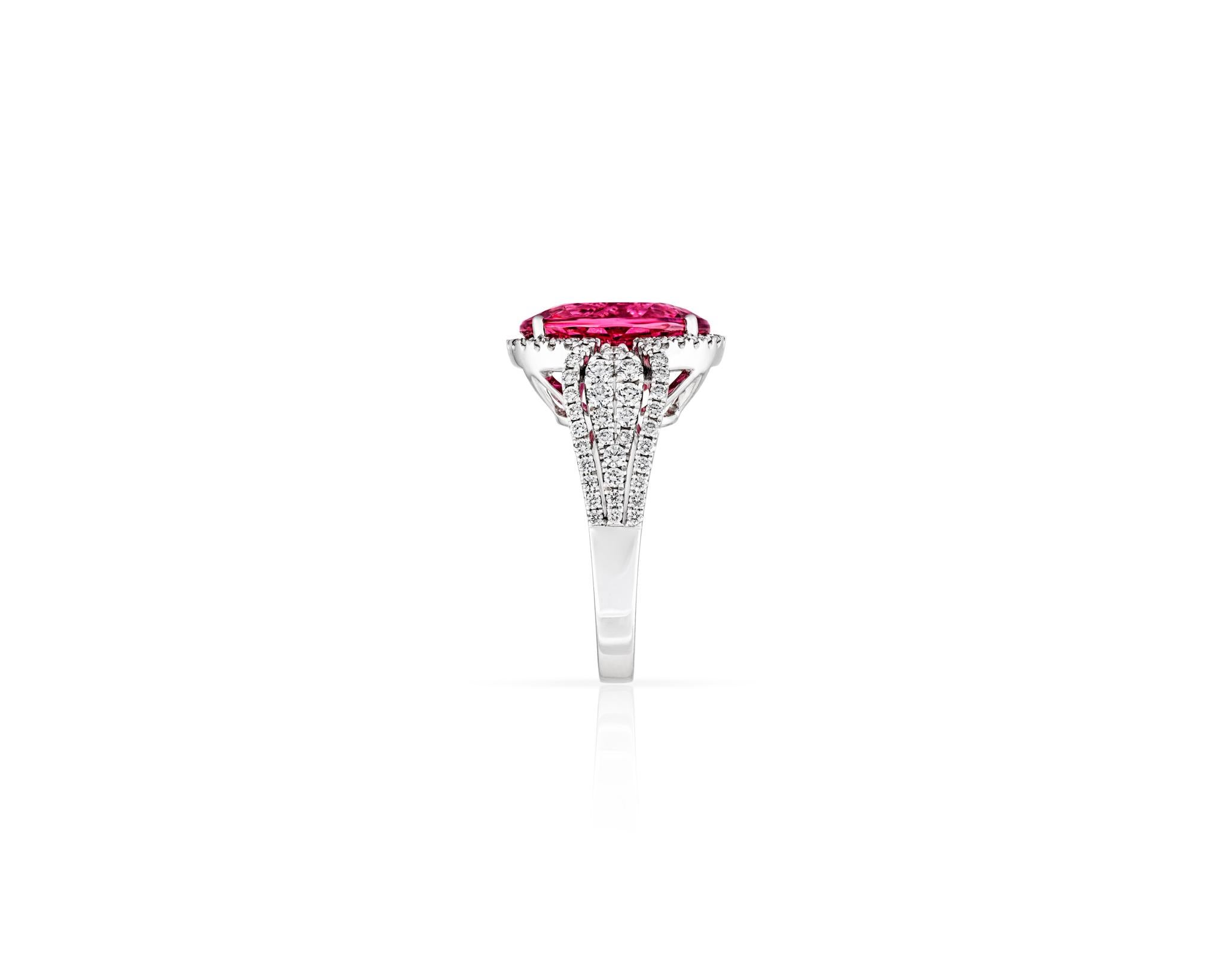 Oval Cut 7.22ct Pink Tourmaline .95ct Diamond 18kt White Gold Ring For Sale