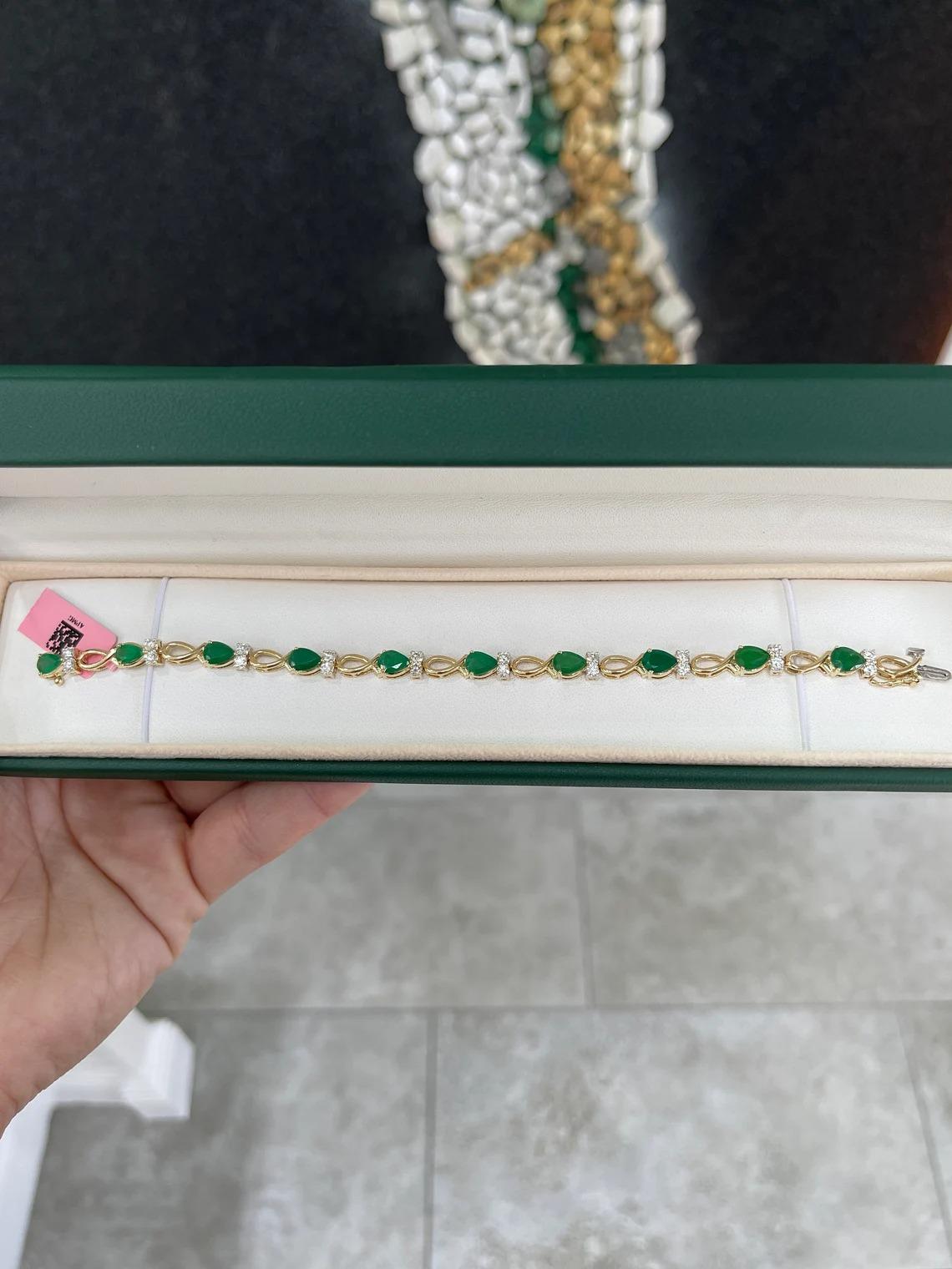7.22tcw 14K Natural Dark Green Pear Cut Emerald & Diamond Accent Bracelet In New Condition For Sale In Jupiter, FL