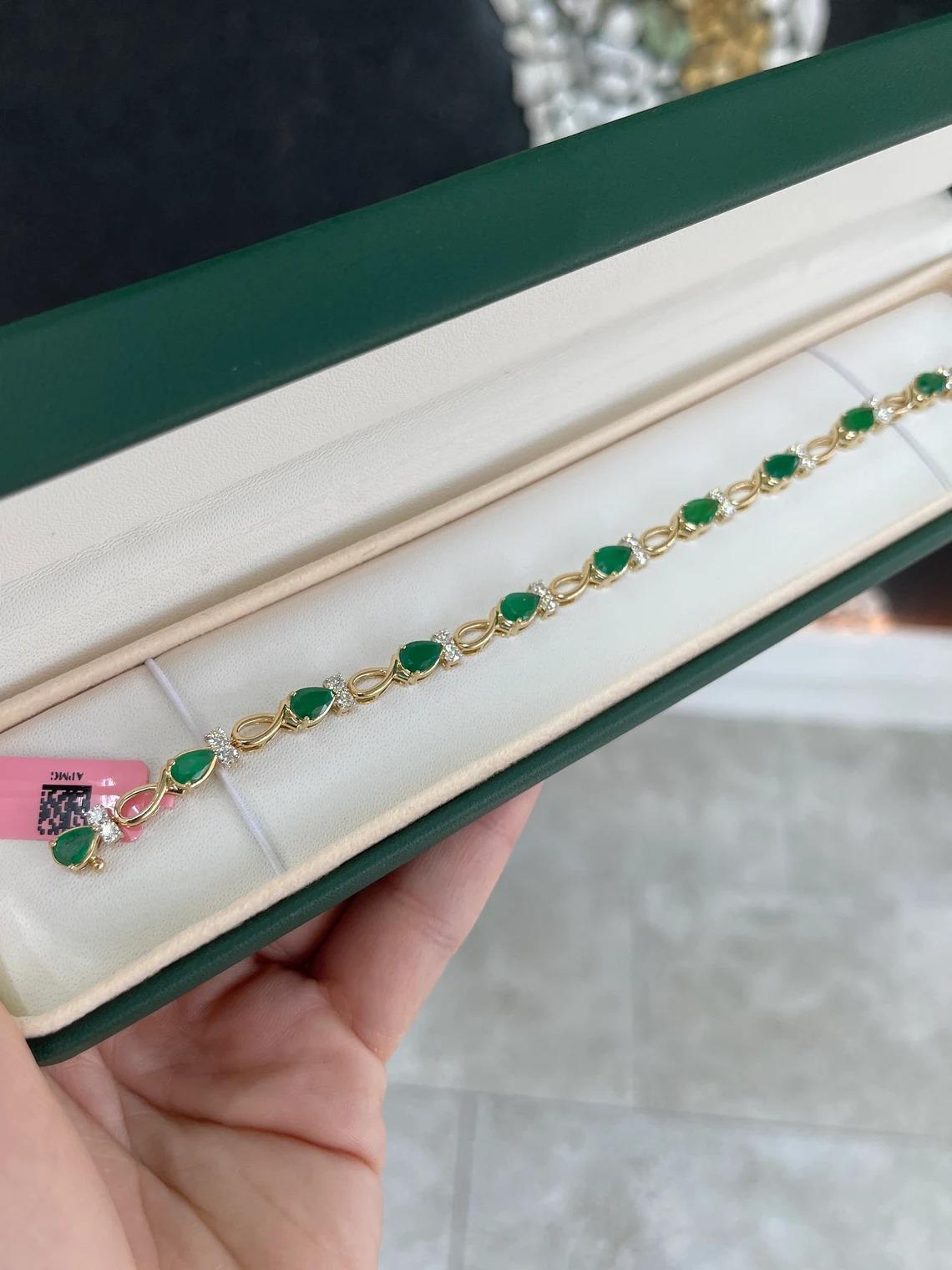 Women's 7.22tcw 14K Natural Dark Green Pear Cut Emerald & Diamond Accent Bracelet For Sale