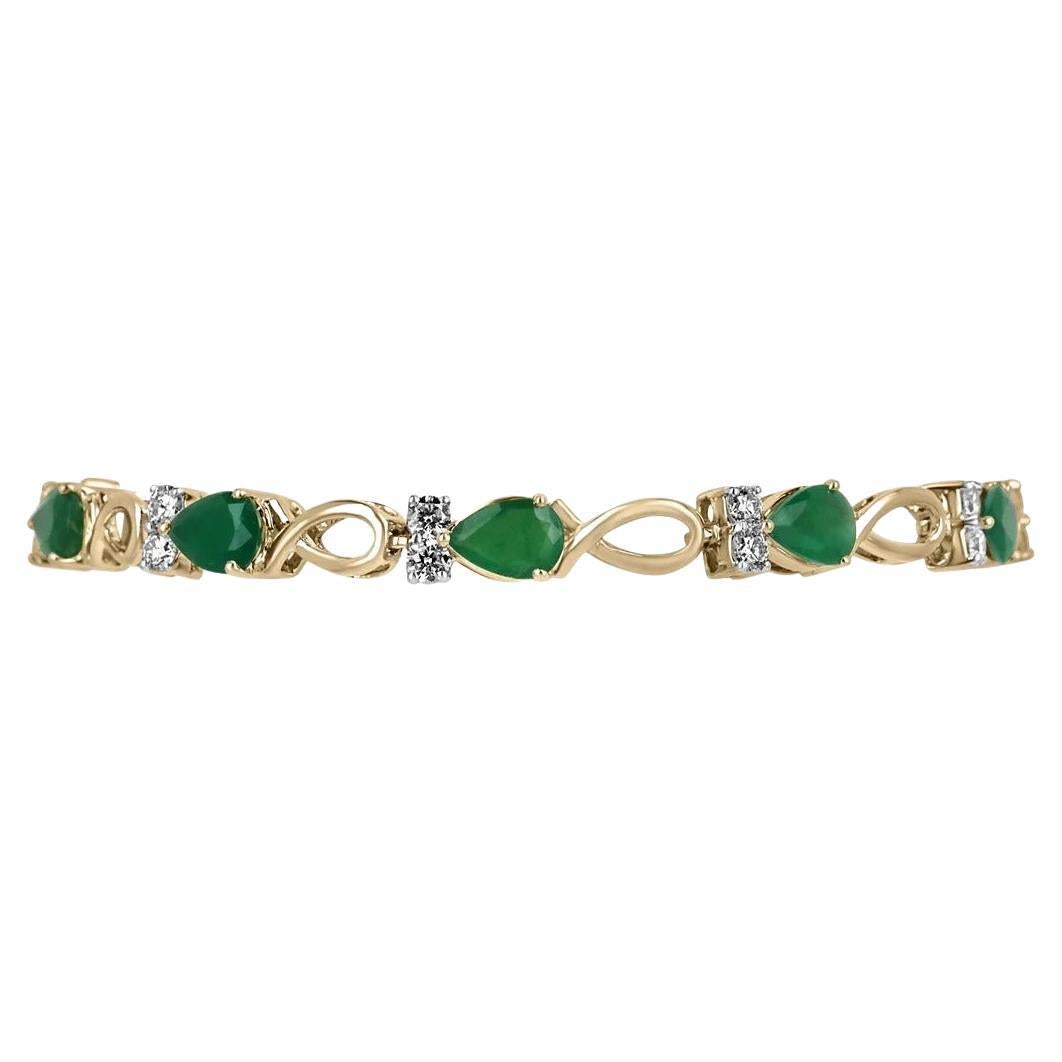 7.22tcw 14K Natural Dark Green Pear Cut Emerald & Diamond Accent Bracelet