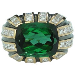 7.23 Carat Green Tourmaline and Diamond Art Deco Ring