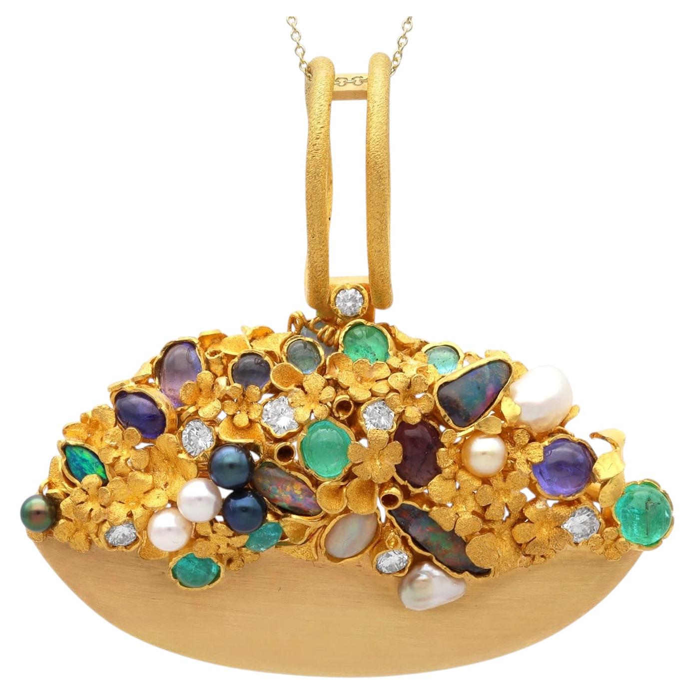 7.23 Carat Multi-Gemstone and 18k Yellow Gold Pendant / Brooch by Peter Plöderl For Sale