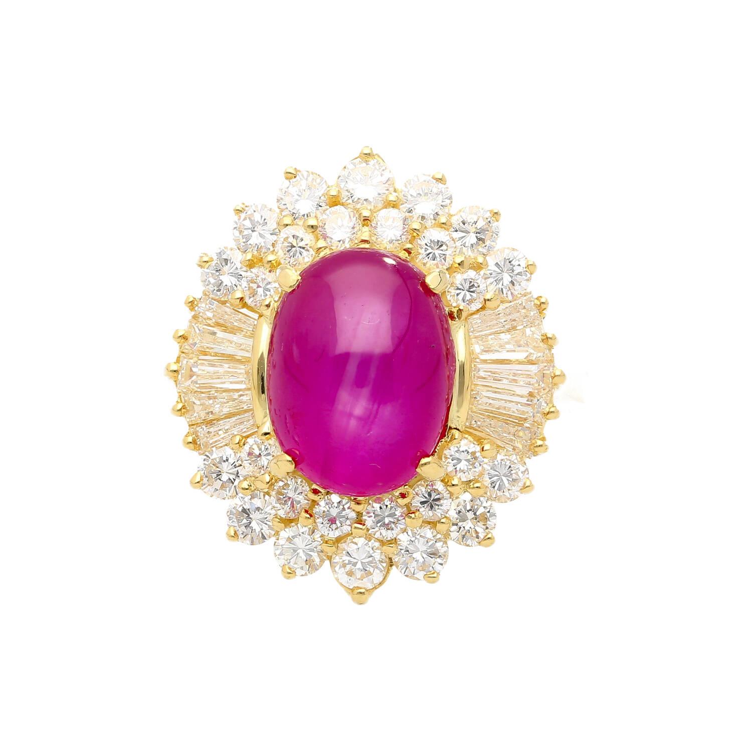 7.23CT cabochon cut natural star ruby & diamond side-stone ballerina ring in 18K Yellow Gold. This exquisite piece features a mesmerizing Burma Mogok Myanmar Ruby of exceptional origin, delicately set and complemented by shimmering diamond