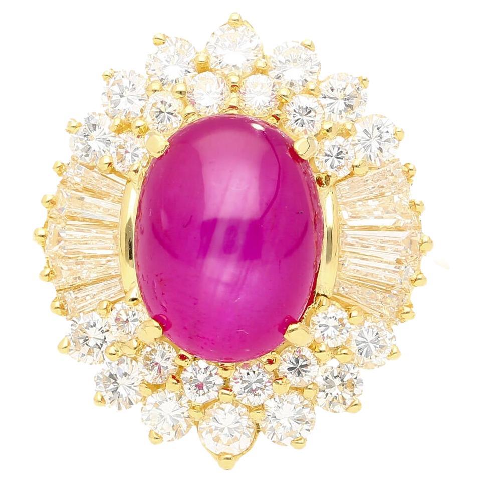 7.23 Carat No Heat Burma Star Ruby & Baguette Diamond Ballerina Ring in 18k Gold For Sale