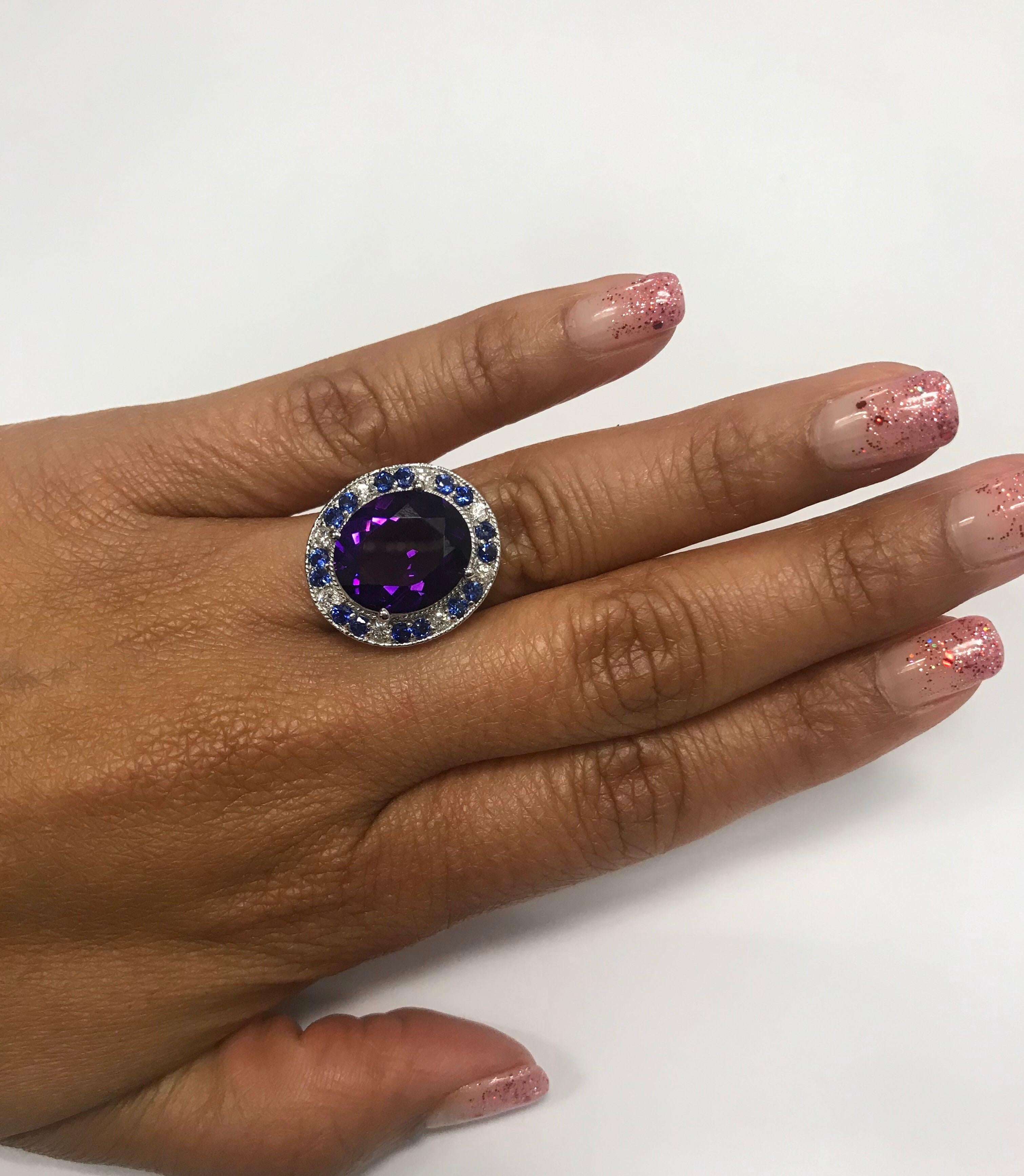 7.23 Carat Oval Cut Amethyst, Sapphire and Diamond White Gold Cocktail Ring In New Condition In Los Angeles, CA