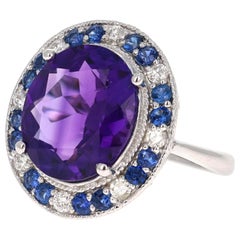 7.23 Carat Oval Cut Amethyst, Sapphire and Diamond White Gold Cocktail Ring