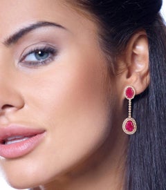 Boucles d'oreilles en goutte à chaîne en or 14 carats avec diamants et rubis de 7,23 carats