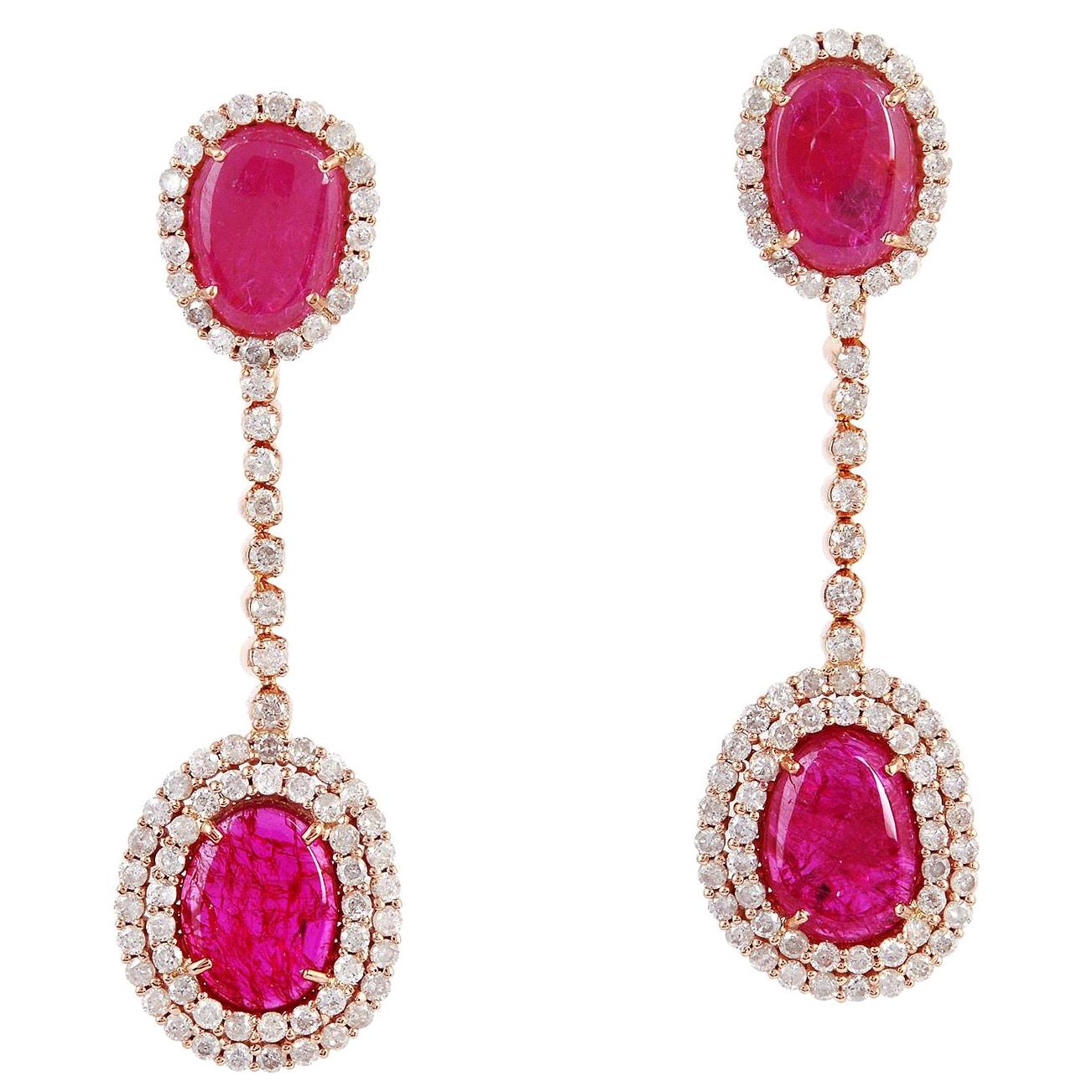 7.23 Carat Ruby Diamond 14 Karat Gold Chain Drop Earrings