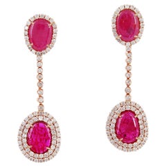 Boucles d'oreilles en goutte à chaîne en or 14 carats avec diamants et rubis de 7,23 carats