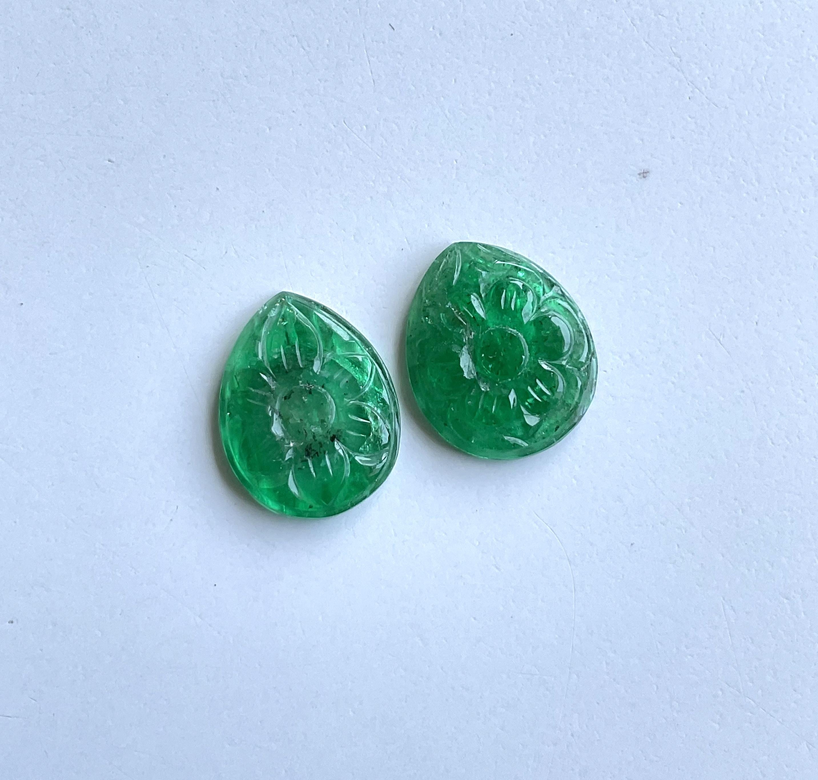 7,23 Karat sambischen Smaragd Birne geschnitzt 2 Pieces für Schmuck-Set natürlichen Edelstein (Tropfenschliff) im Angebot
