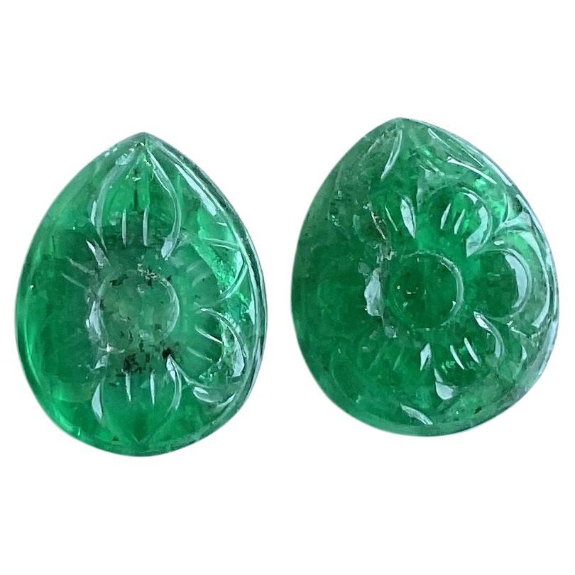 7.23 Carats Zambian Emerald Pear Carved 2 Piece for Jewelry Set Natural Gem