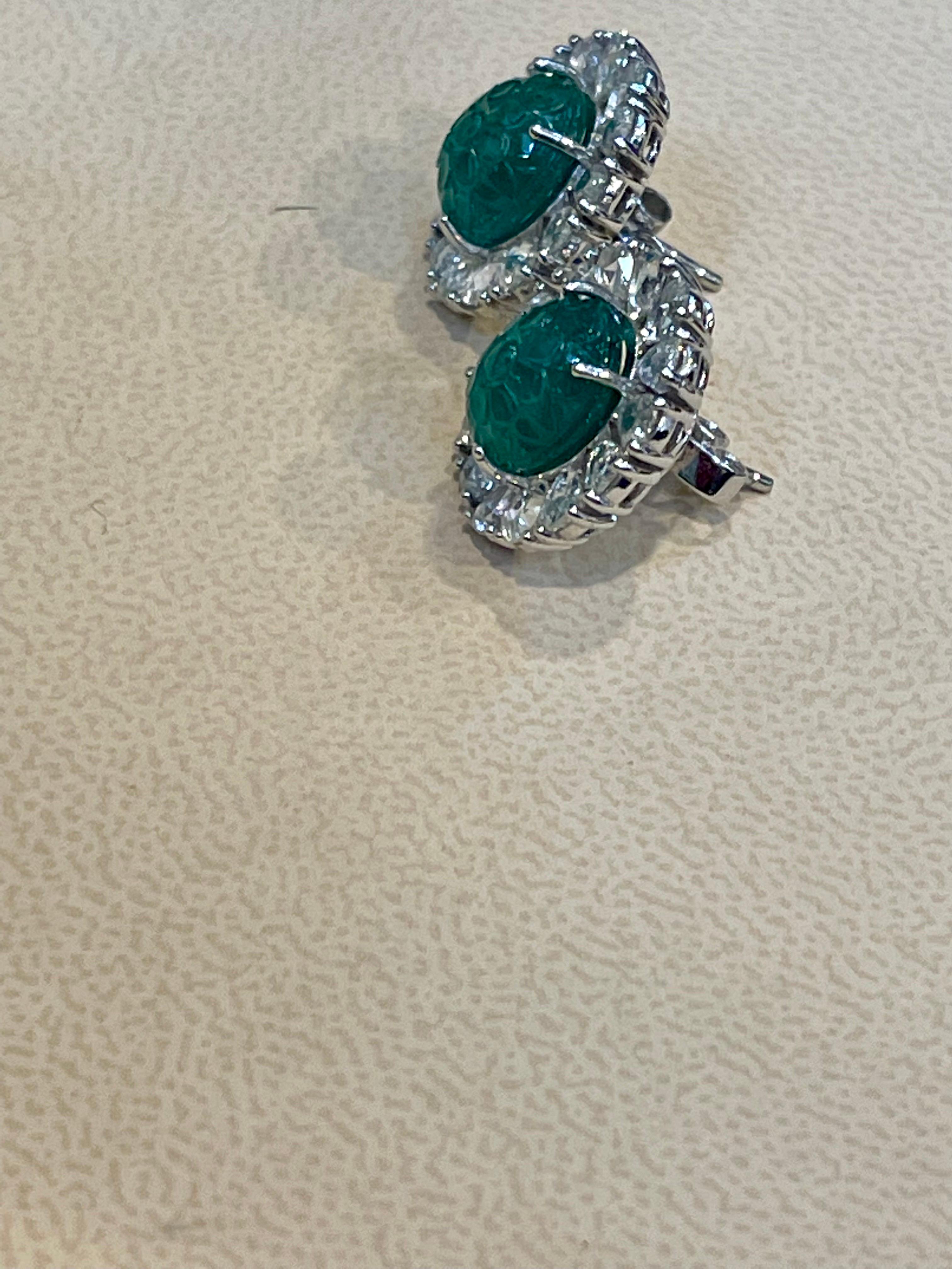 7.23 Ct Carved Emerald & 2.9 Ct Rose cut Diamond Earrings 18 Karat White Gold 4