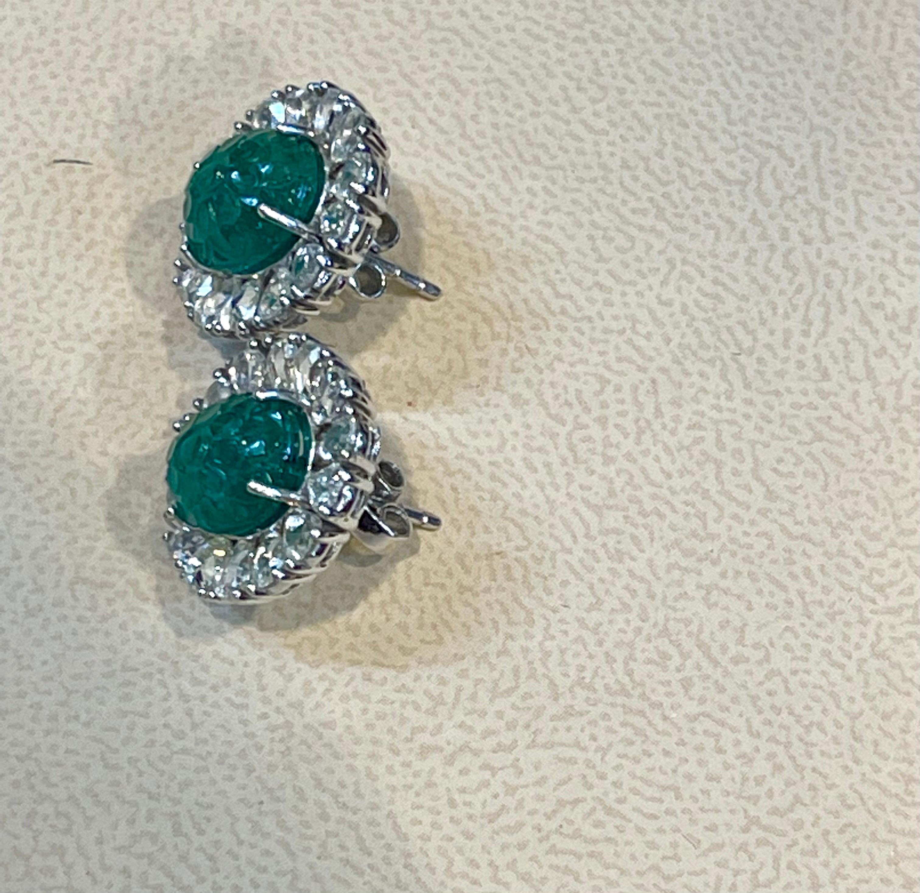 7.23 Ct Carved Emerald & 2.9 Ct Rose cut Diamond Earrings 18 Karat White Gold 5