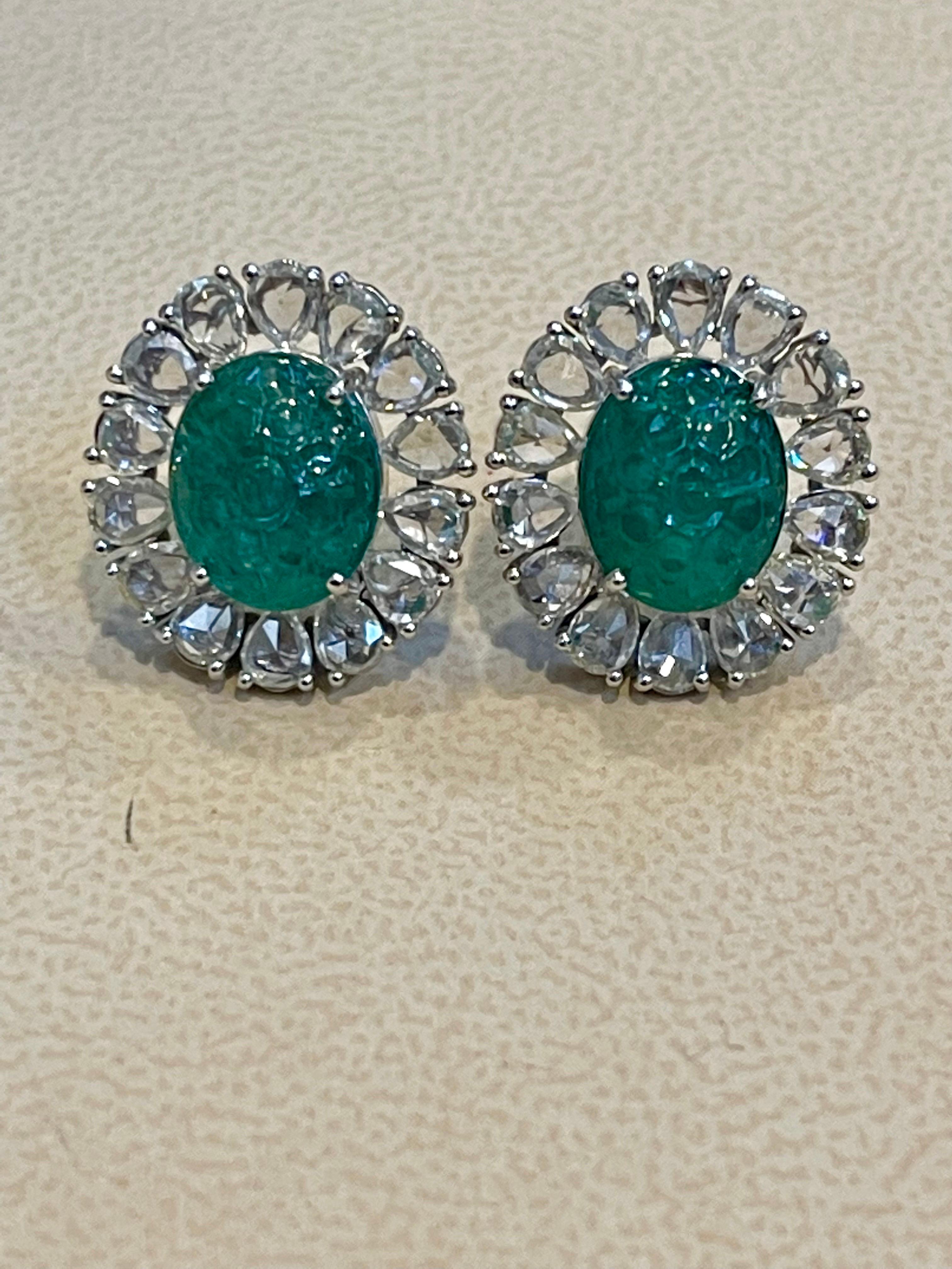 7.23 Ct Carved Emerald & 2.9 Ct Rose cut Diamond Earrings 18 Karat White Gold 6