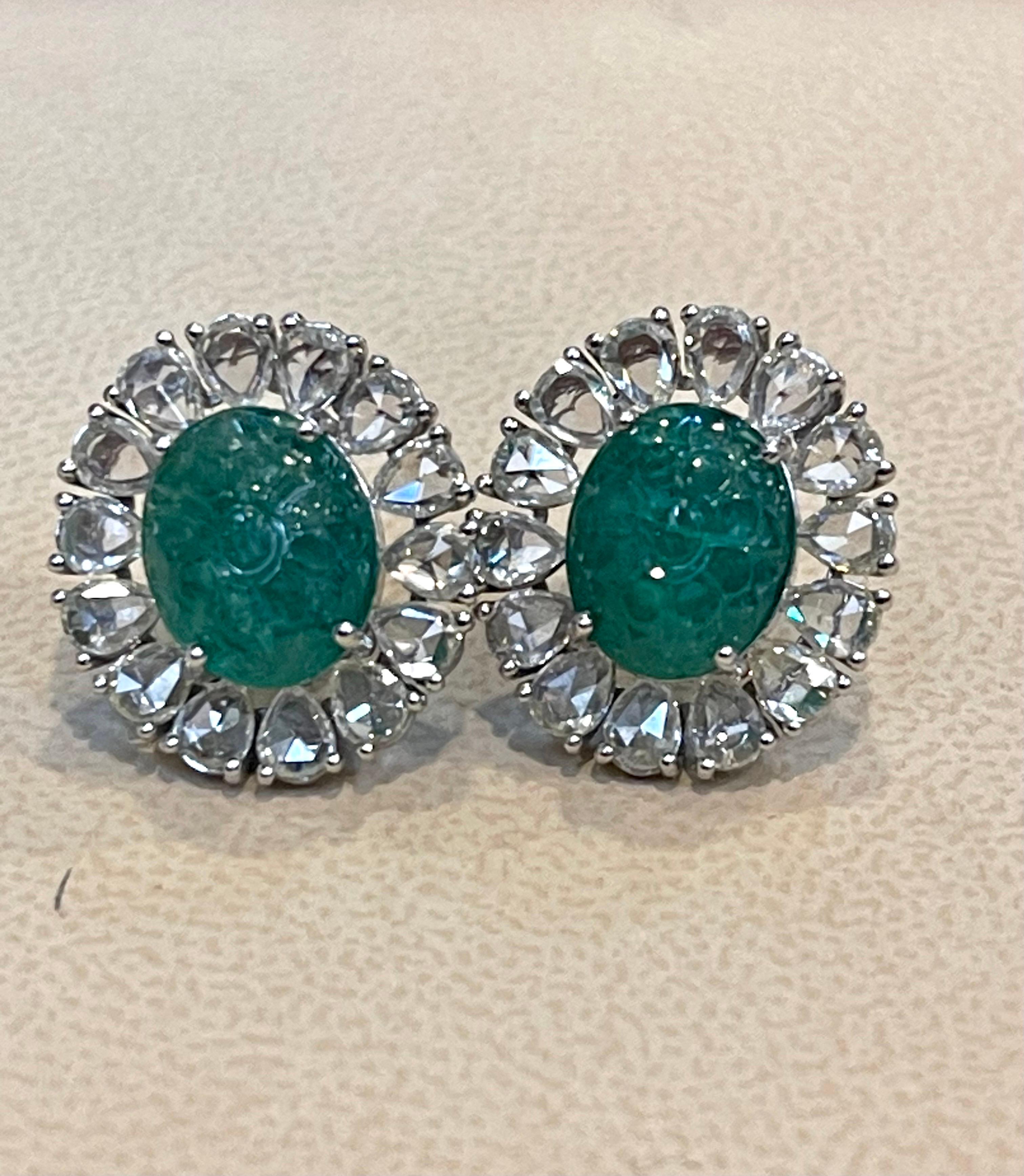 7.23 Ct Carved Emerald & 2.9 Ct Rose cut Diamond Earrings 18 Karat White Gold 7