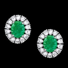 7.23 Ct Carved Emerald & 2.9 Ct Rose cut Diamond Earrings 18 Karat White Gold