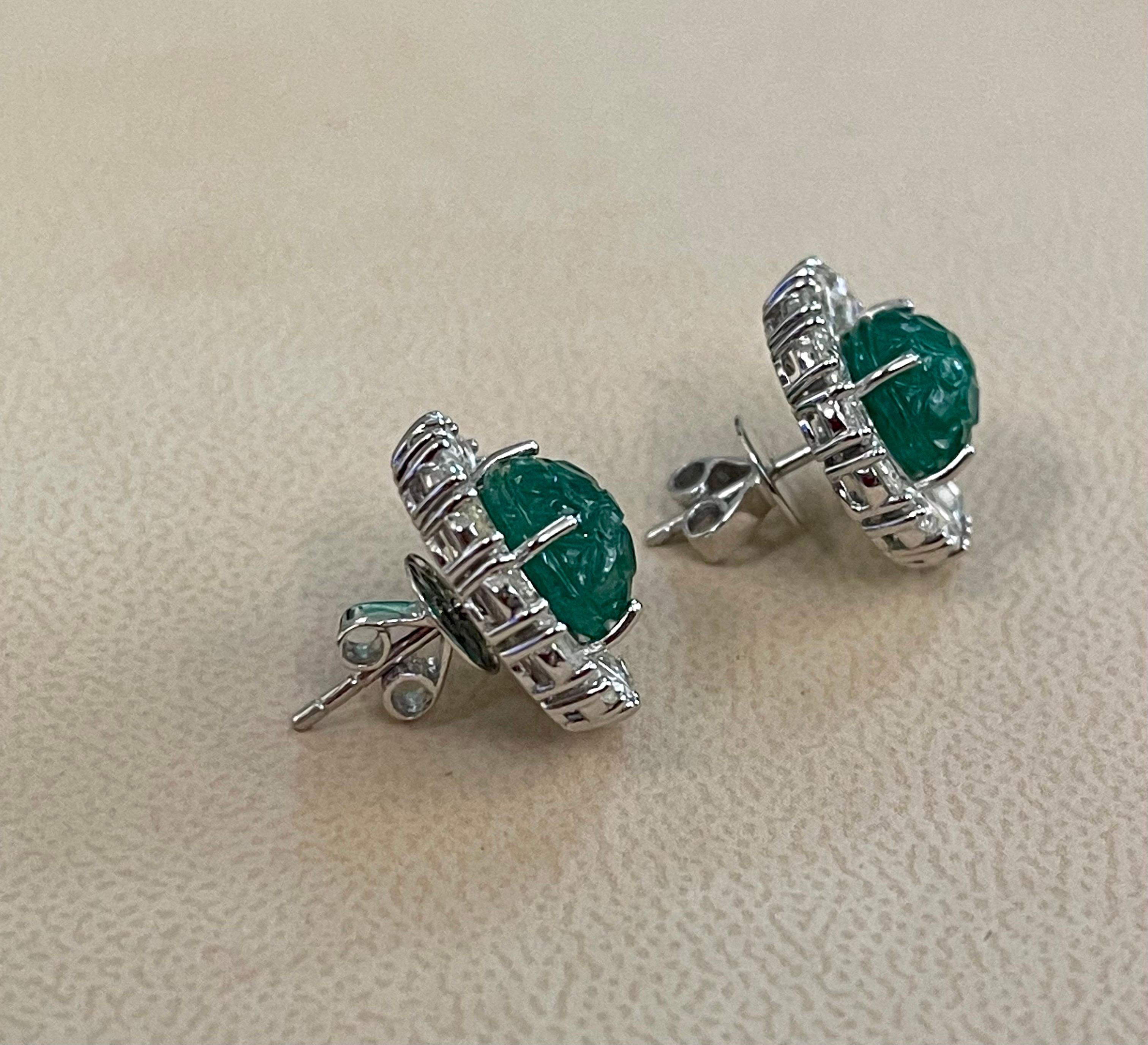 Emerald Cut 7.23 Ct Carved Emerald & 2.9 Ct Rose cut Diamond Earrings 18 Karat White Gold