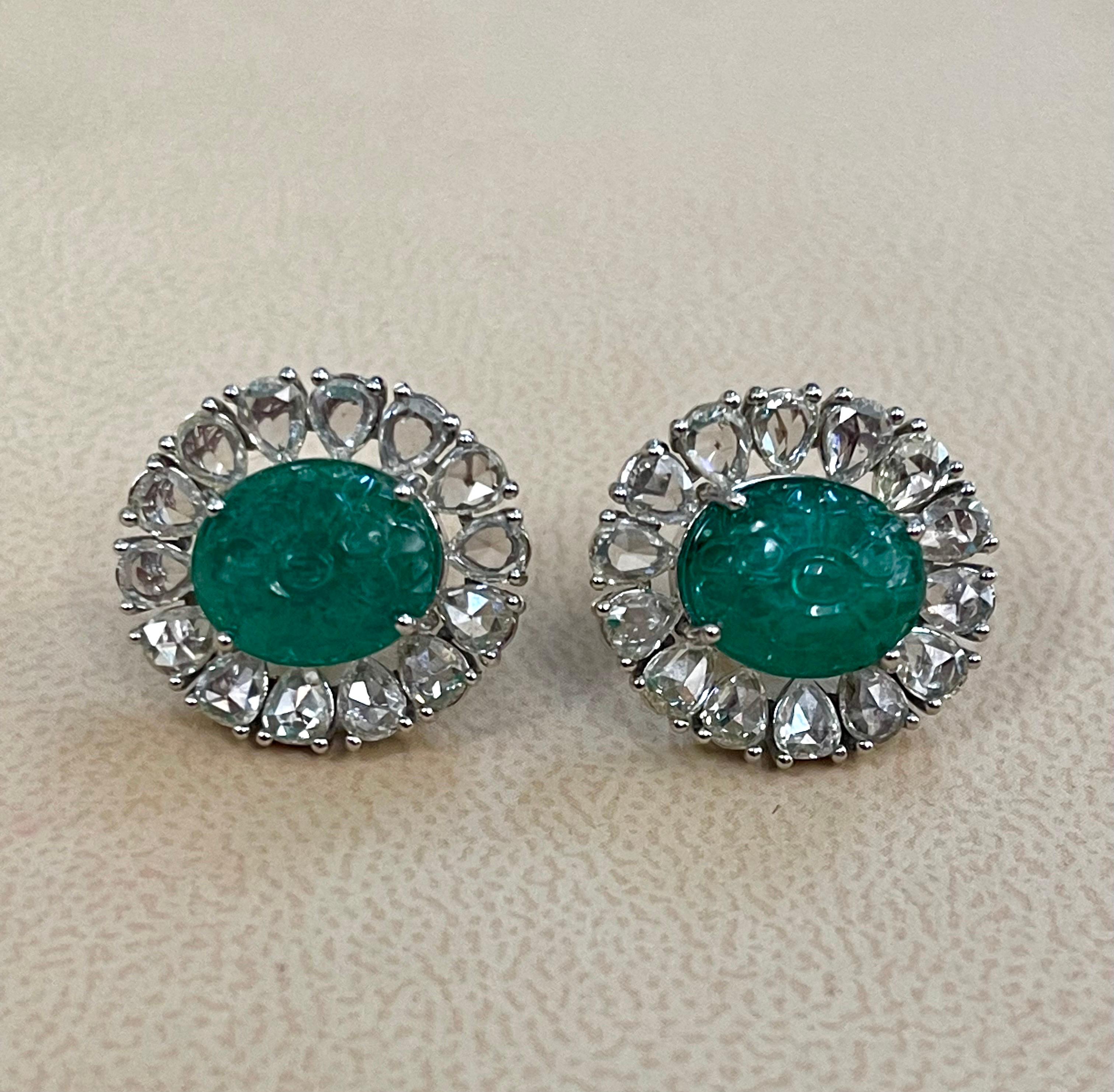 7.23 Ct Carved Emerald & 2.9 Ct Rose cut Diamond Earrings 18 Karat White Gold In Excellent Condition In New York, NY