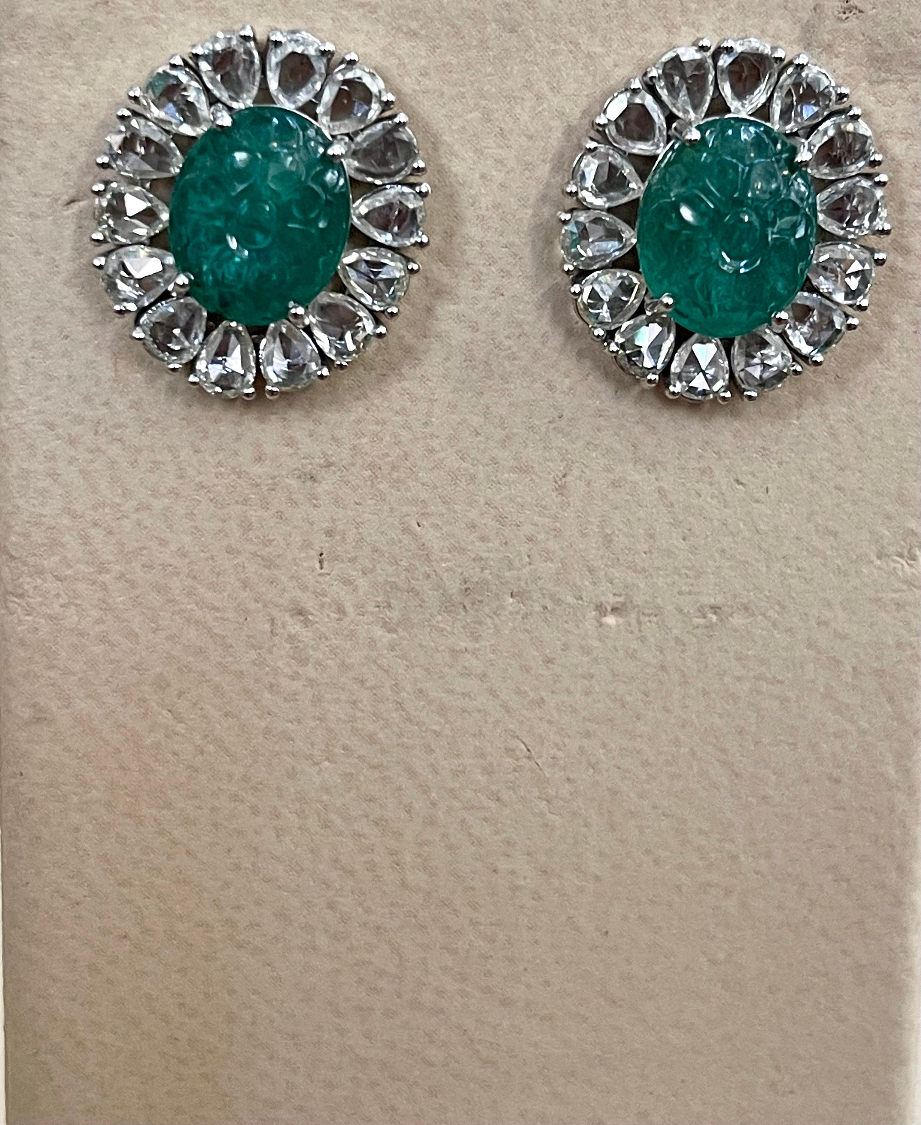 Women's 7.23 Ct Carved Emerald & 2.9 Ct Rose cut Diamond Earrings 18 Karat White Gold