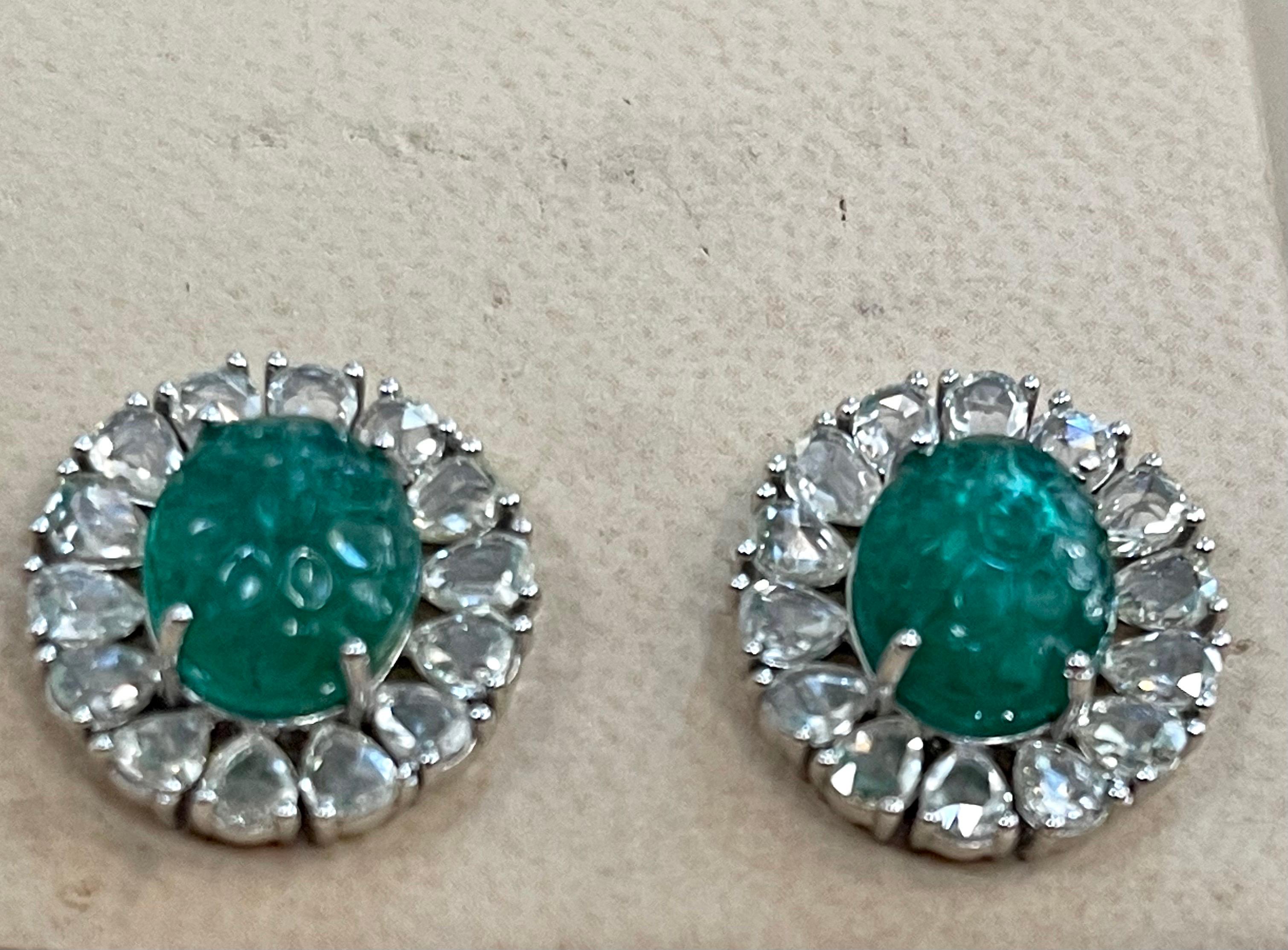 7.23 Ct Carved Emerald & 2.9 Ct Rose cut Diamond Earrings 18 Karat White Gold 1