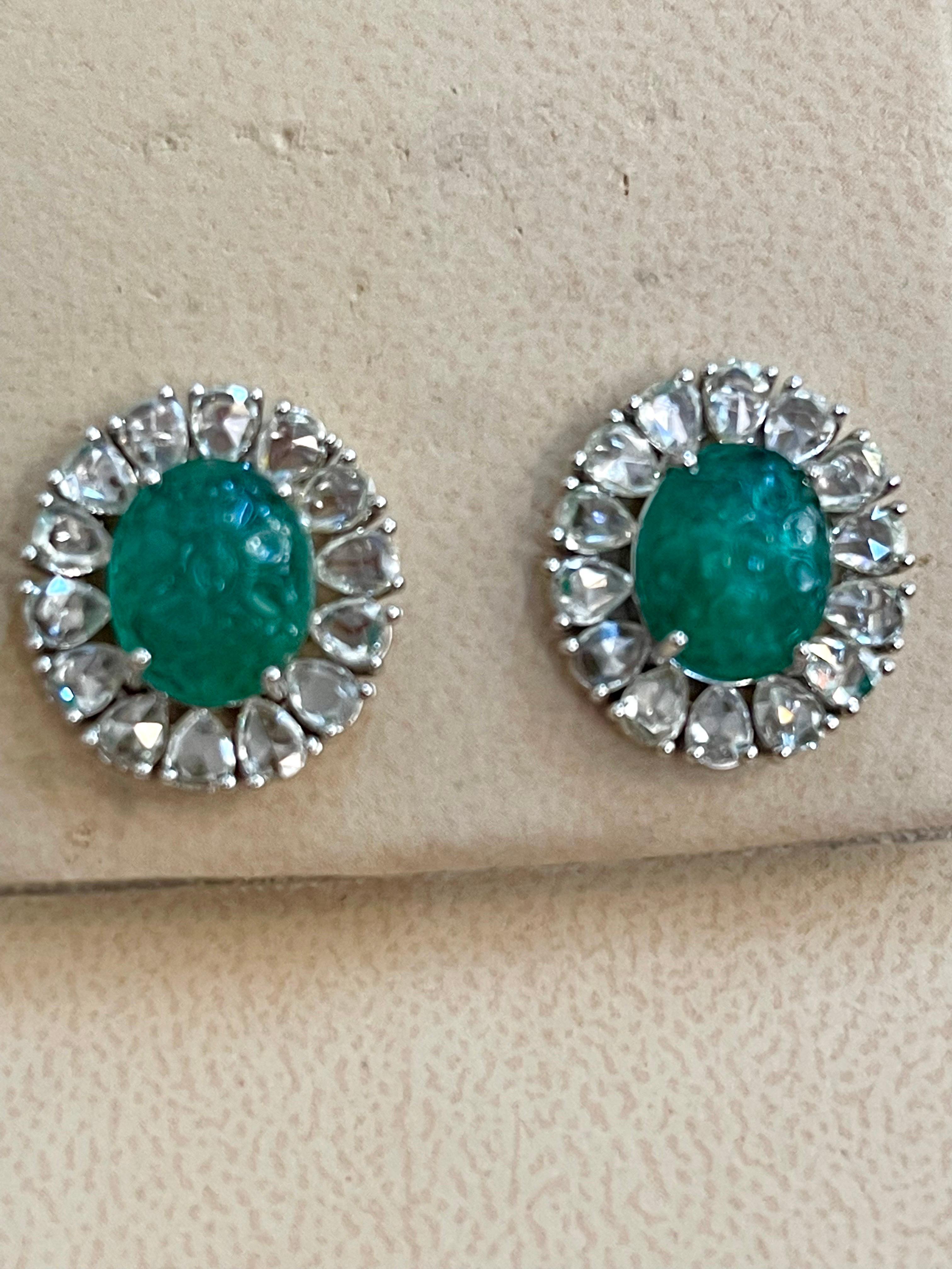 7.23 Ct Carved Emerald & 2.9 Ct Rose cut Diamond Earrings 18 Karat White Gold 2