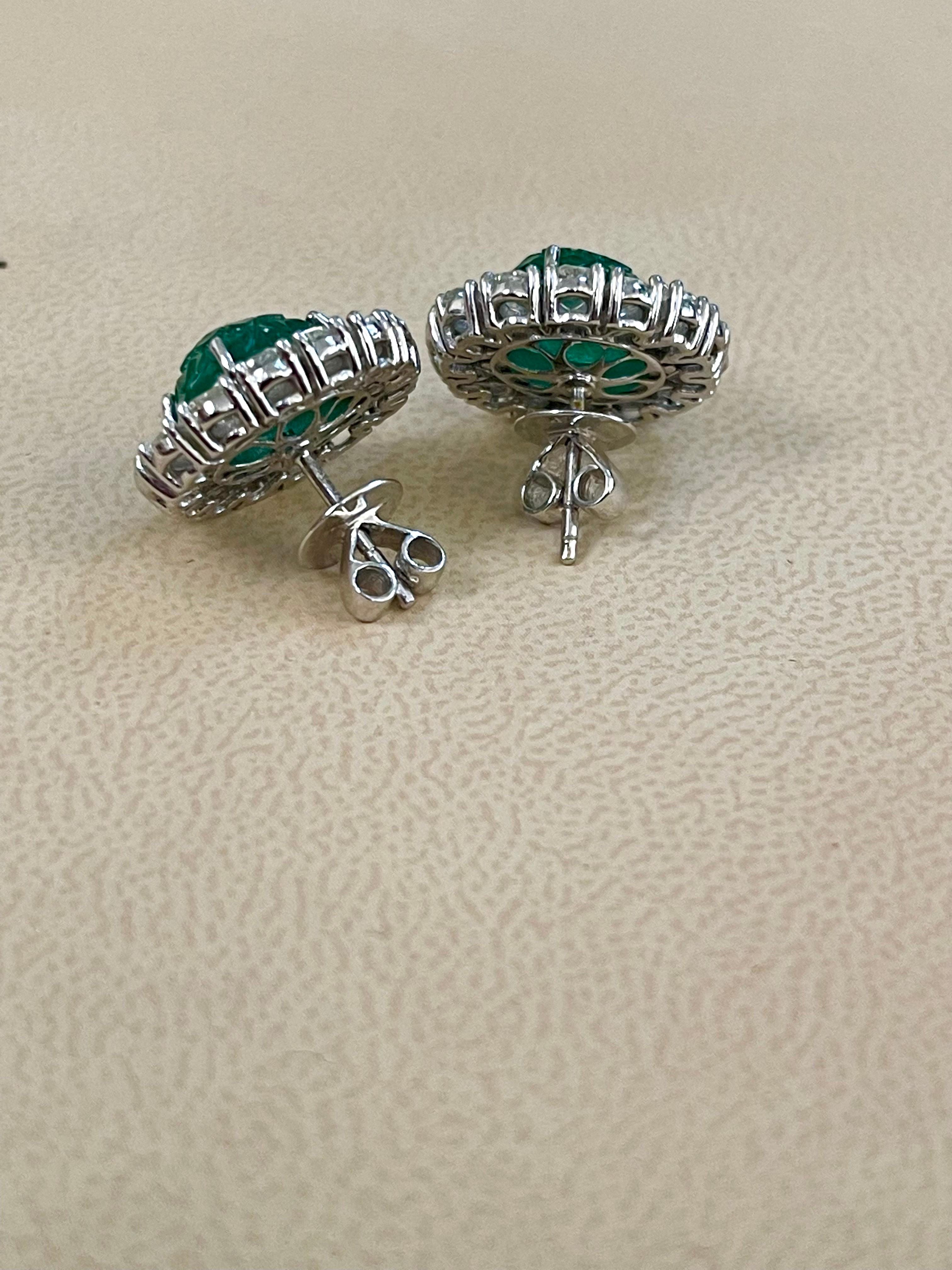 7.23 Ct Carved Emerald & 2.9 Ct Rose cut Diamond Earrings 18 Karat White Gold 3
