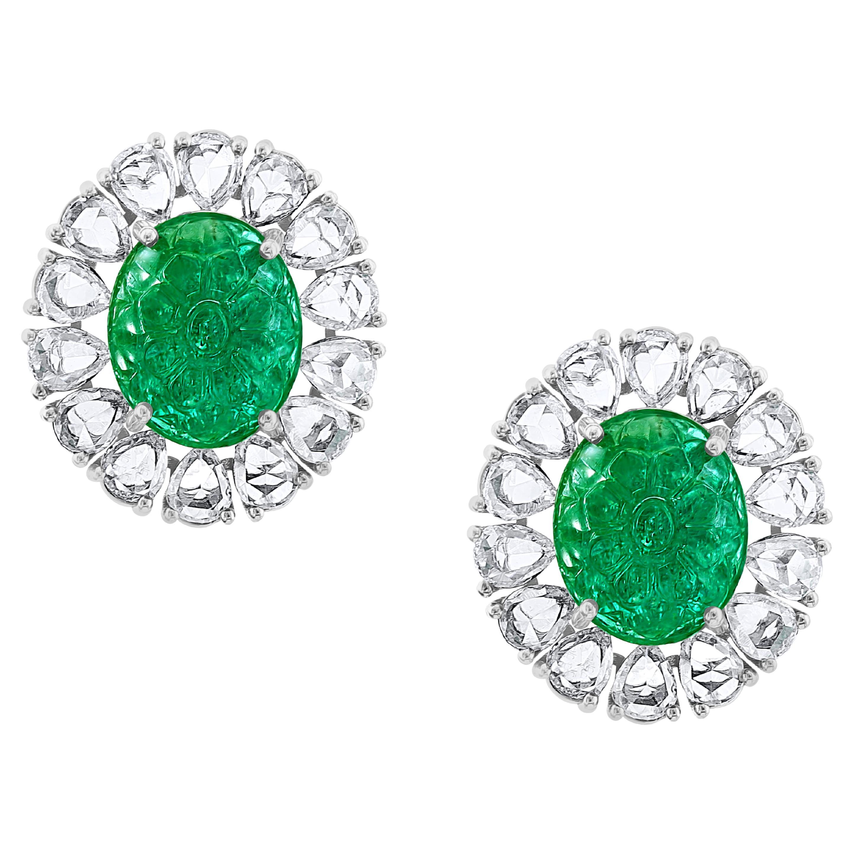 7.23 Ct Carved Emerald & 2.9 Ct Rose cut Diamond Earrings 18 Karat White Gold
