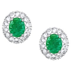 7.23 Ct Carved Emerald & 2.9 Ct Rose cut Diamond Earrings 18 Karat White Gold