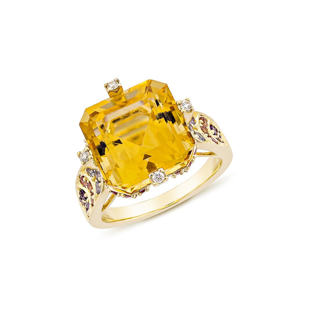 Contemporary 7.24 Carat Citrine Fancy Ring in 18KYG with Multi Gemstone and Diamond.   For Sale