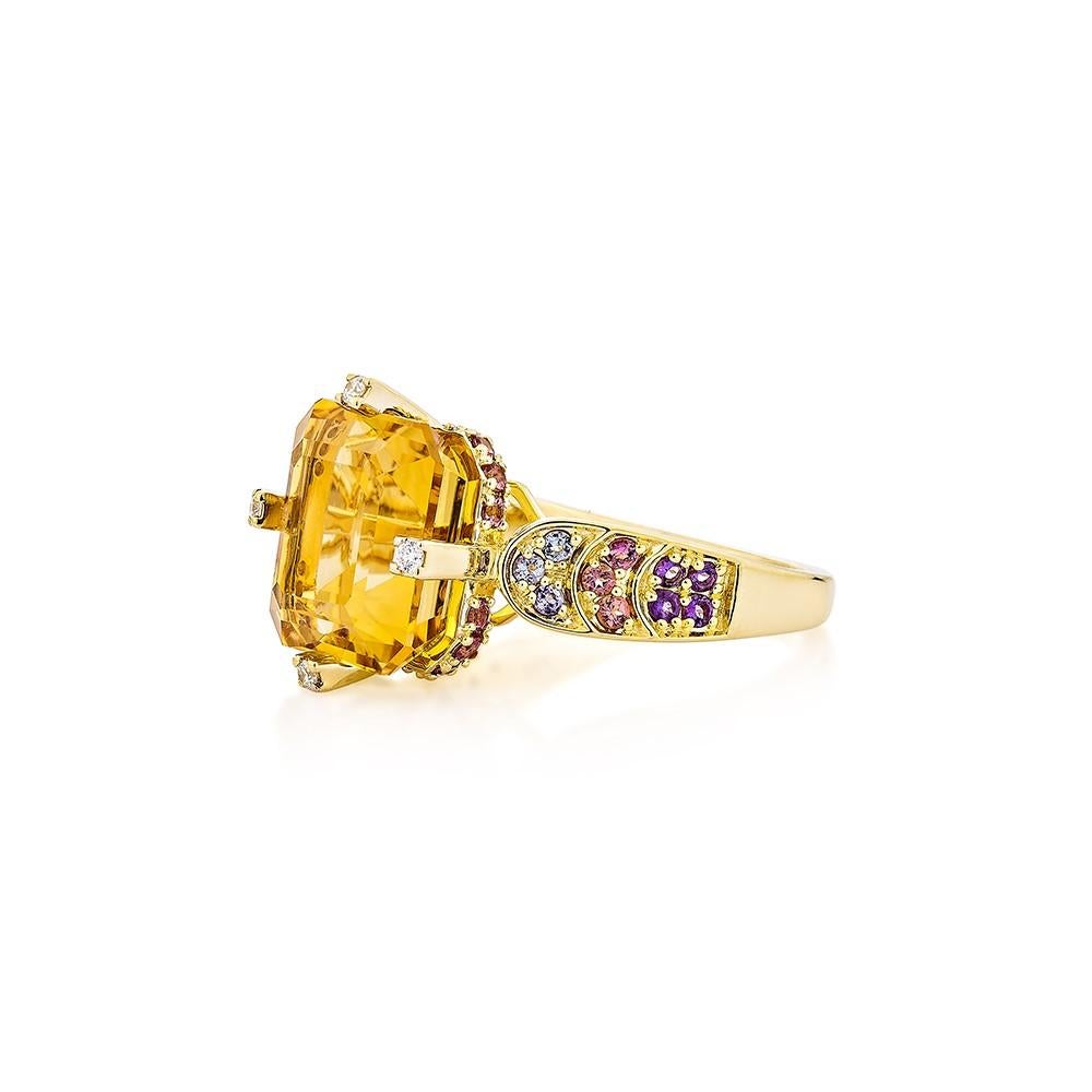 Octagon Cut 7.24 Carat Citrine Fancy Ring in 18KYG with Multi Gemstone and Diamond.   For Sale