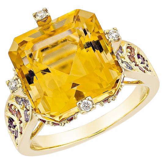 7.24 Carat Citrine Fancy Ring in 18KYG with Multi Gemstone and Diamond.   For Sale