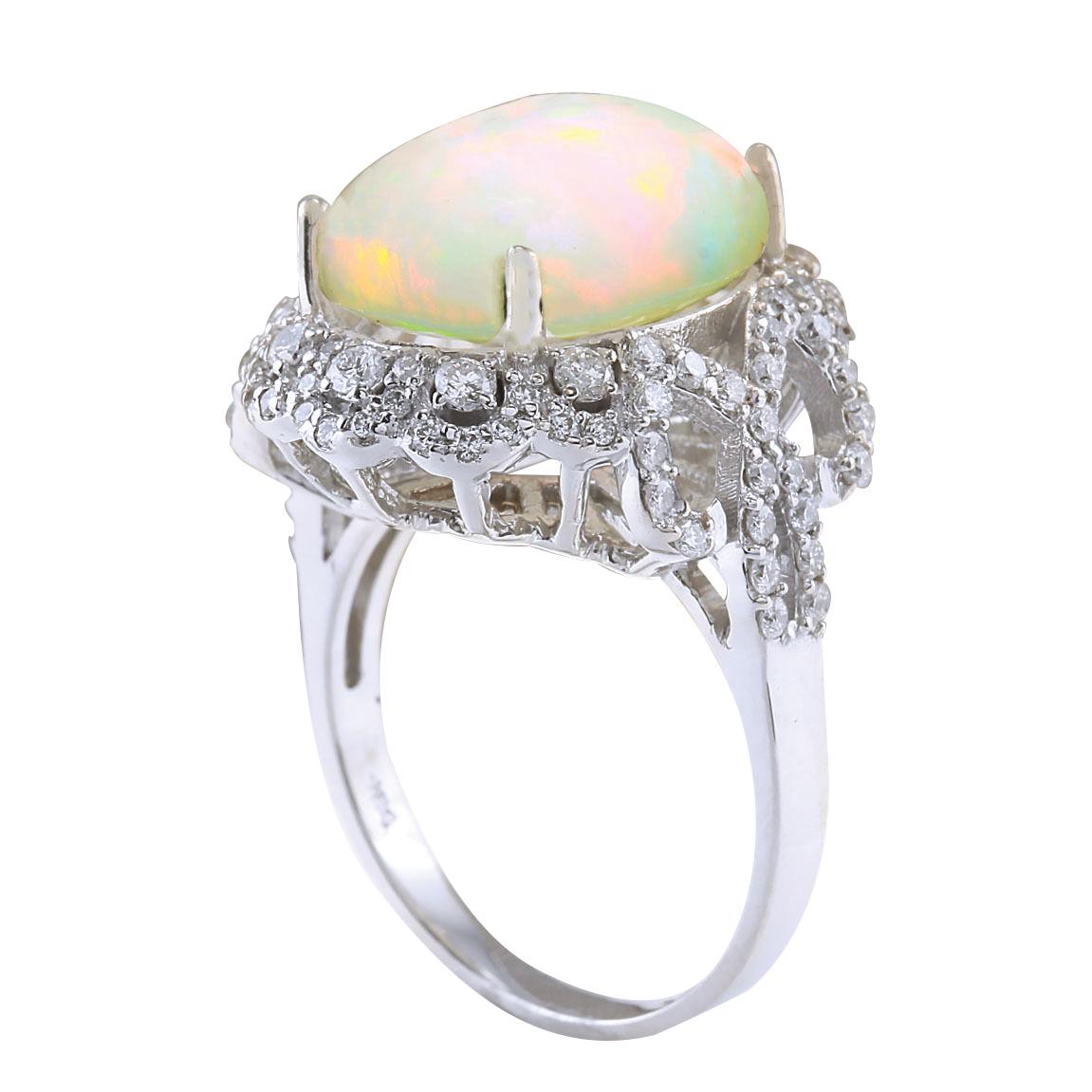 Oval Cut Natural Opal Diamond Ring In 14 Karat White Gold  For Sale
