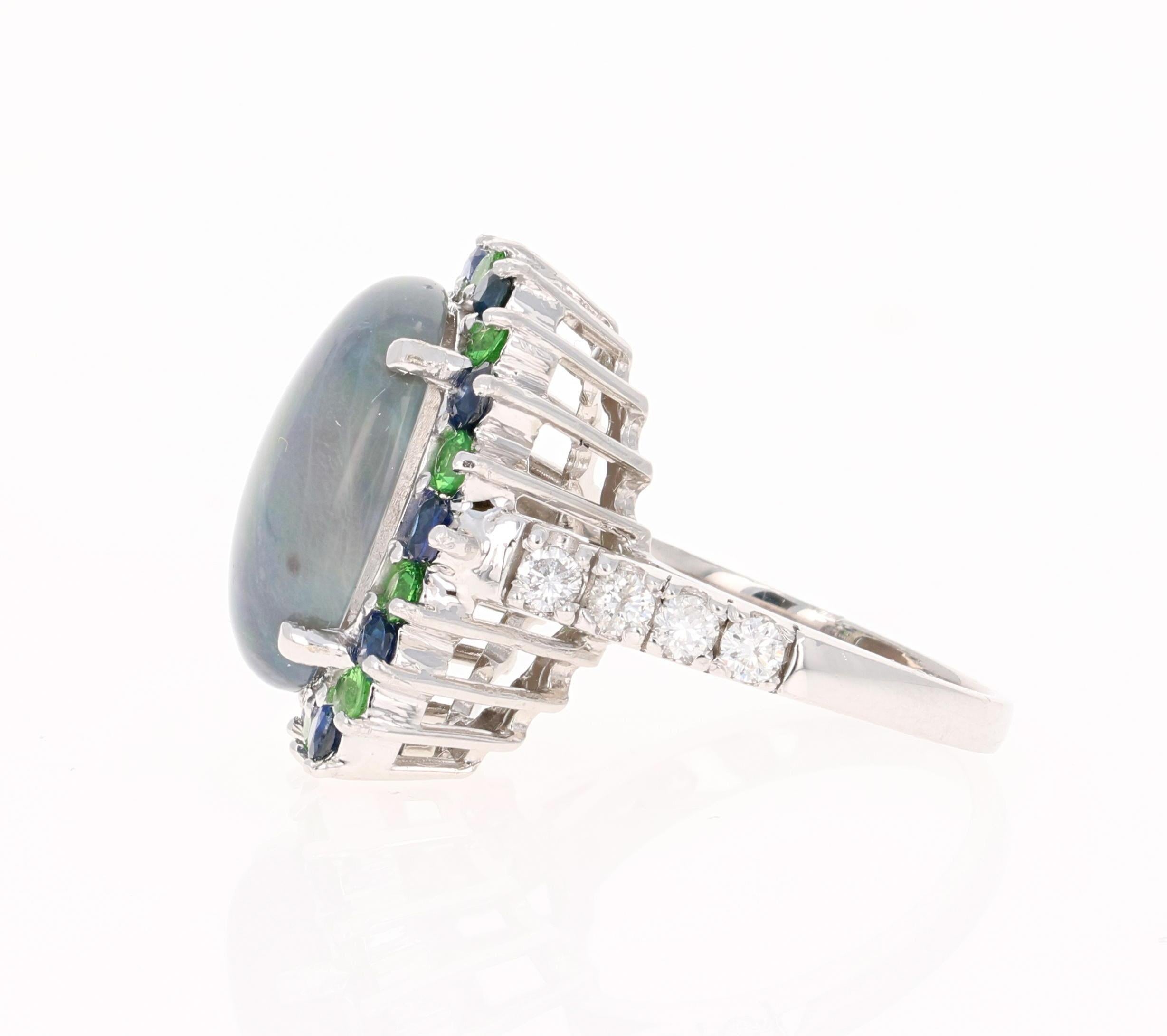 Modern 7.24 Carat Opal Sapphire Tsavorite Diamond Cocktail Ring 14 Karat White Gold