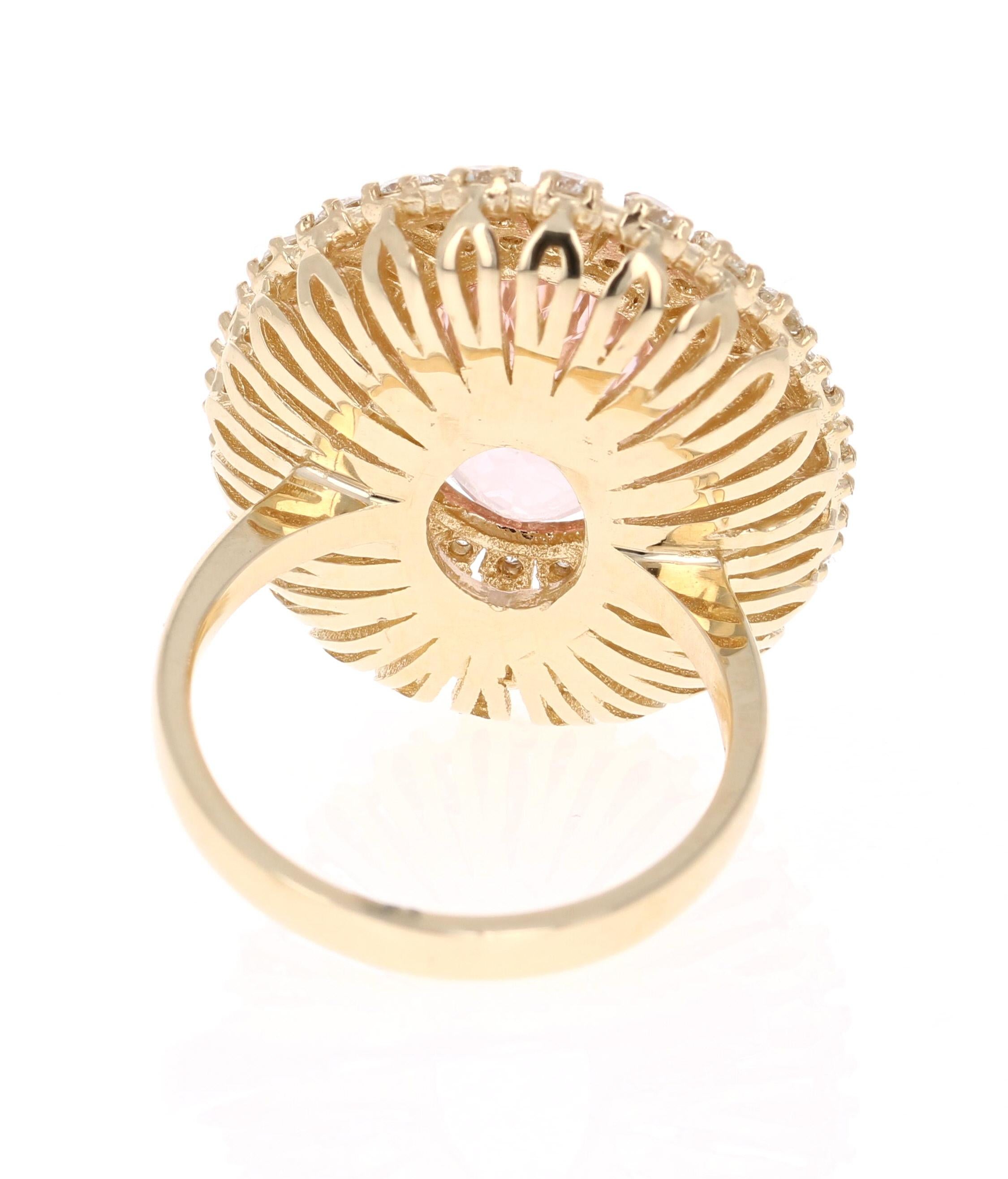 Modern 7.24 Carat Oval Cut Pink Morganite Diamond Yellow Gold Cocktail Ring