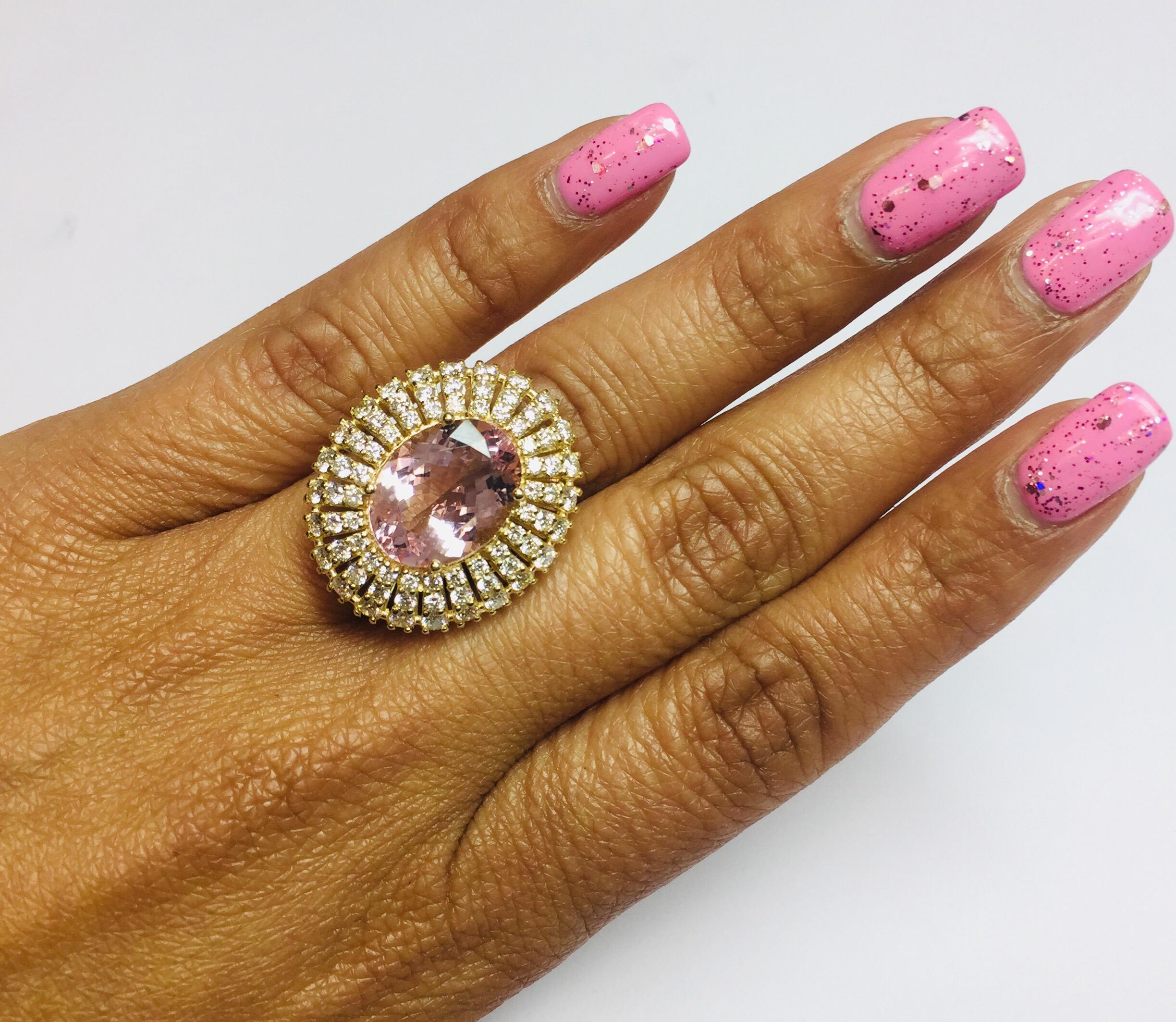 7.24 Carat Oval Cut Pink Morganite Diamond Yellow Gold Cocktail Ring In New Condition In Los Angeles, CA