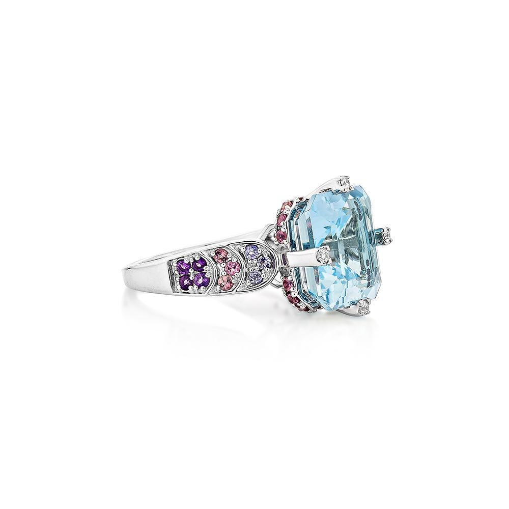 Presented A lovely collection of gems, including Swiss Blue Topaz, Amethyst, and Citrine, is perfect for people who value quality and want to wear it to any occasion or celebration. Pink tourmaline and tanzanite embellishments on either side of the