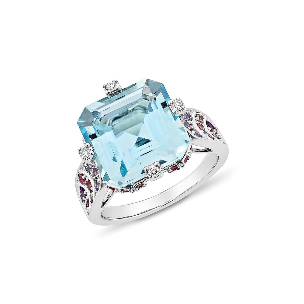 Contemporary 7.24 Carat Swiss Blue Topaz Fancy Ring in 18KWG with Multi Gemstone & Diamond.   For Sale