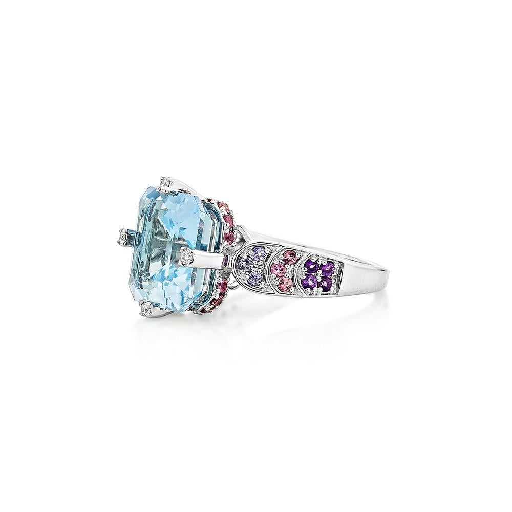 Octagon Cut 7.24 Carat Swiss Blue Topaz Fancy Ring in 18KWG with Multi Gemstone & Diamond.   For Sale