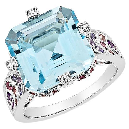 7.24 Carat Swiss Blue Topaz Fancy Ring in 18KWG with Multi Gemstone & Diamond.   For Sale
